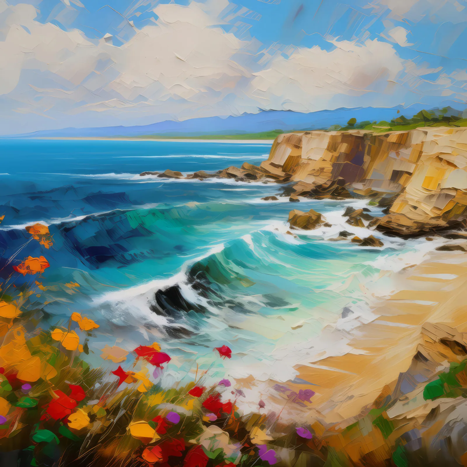 Seaside Cliff View, a palette-knife oil landscape by Emma Mickelberg