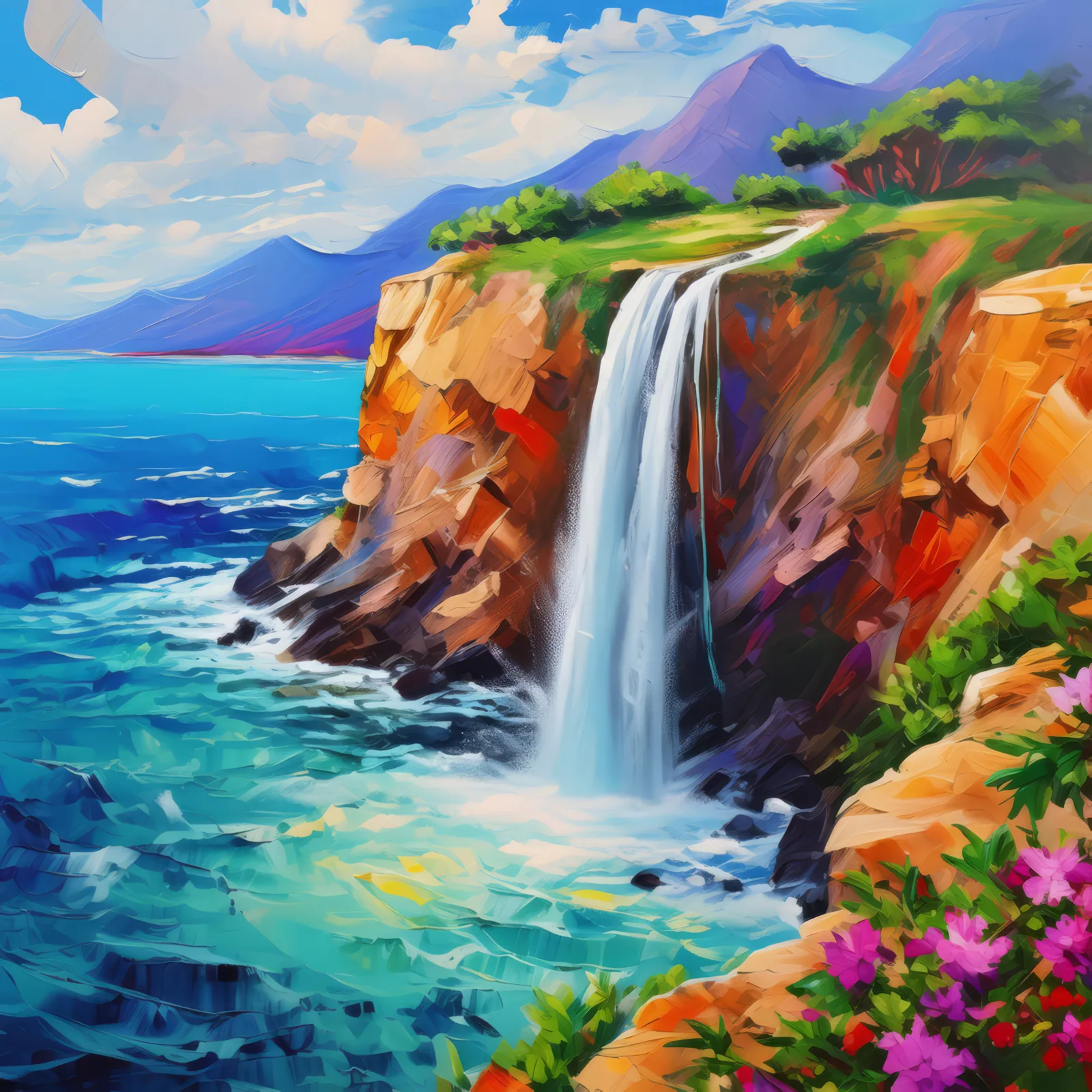 Seaside Cliff Waterfall, a palette-knife oil landscape by Emma Mickelberg