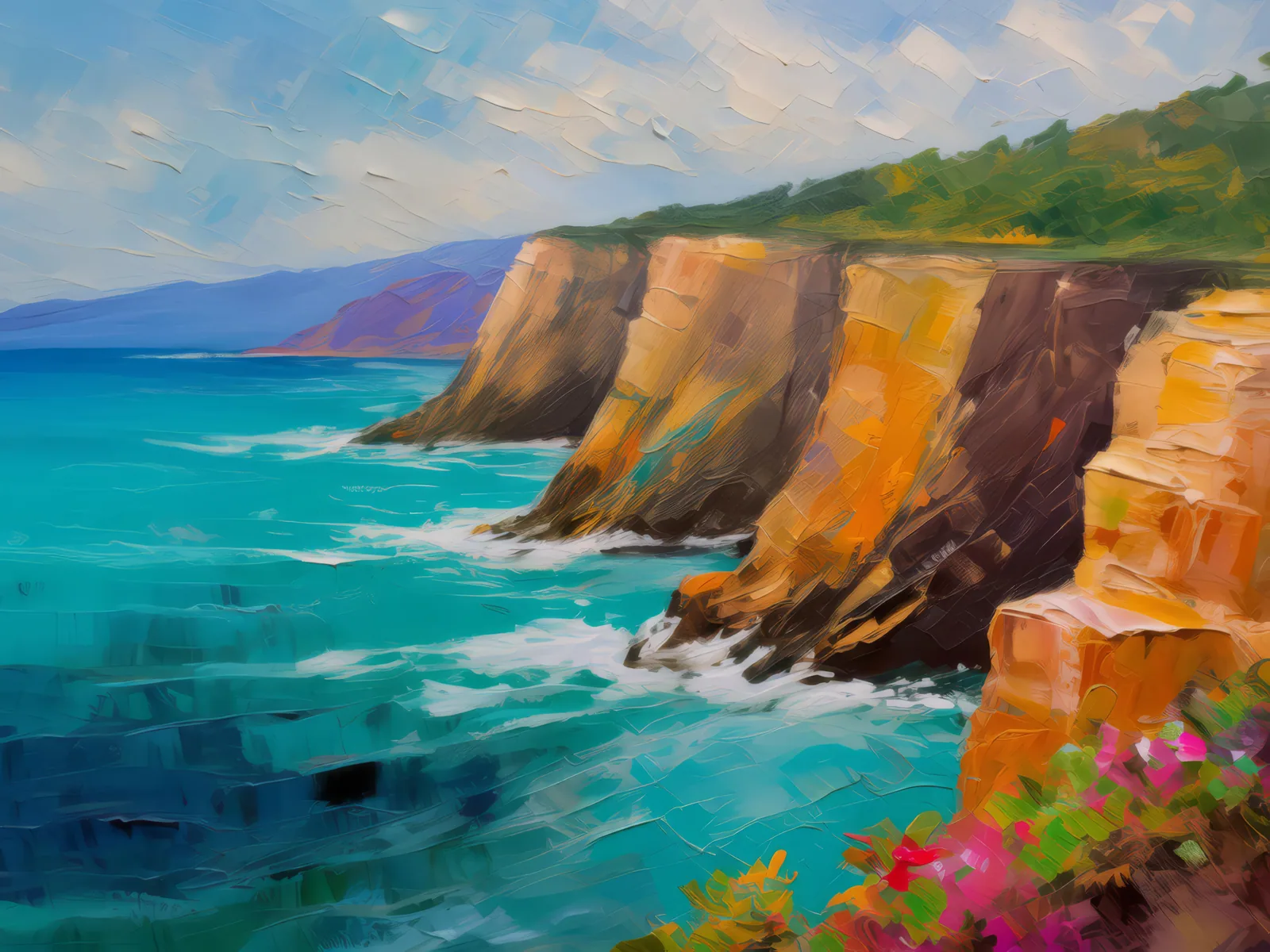 Seaside Cliffs Bluff, a palette-knife oil landscape by Emma Mickelberg