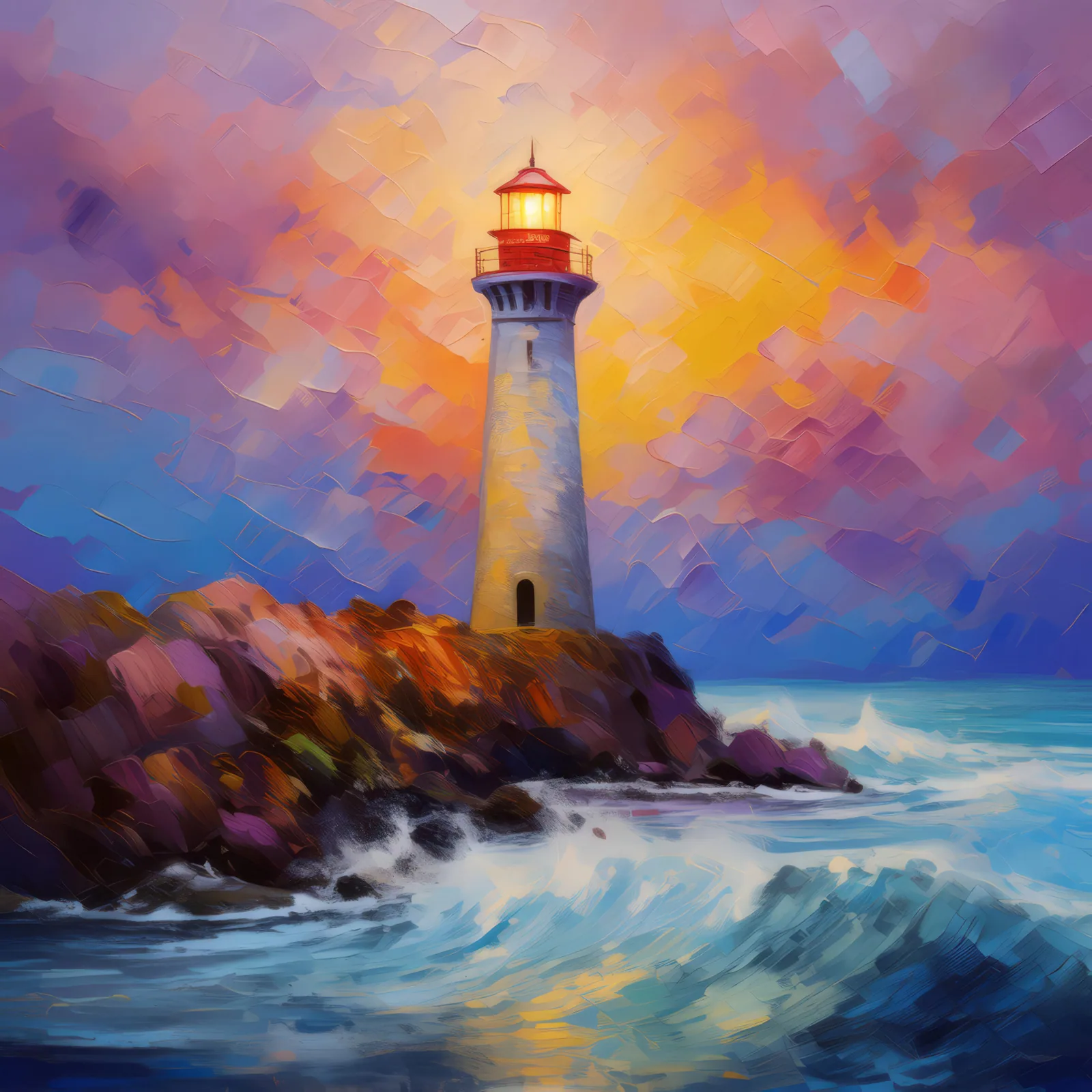 Seaside Lighthouse Glow, a palette-knife oil landscape by Emma Mickelberg