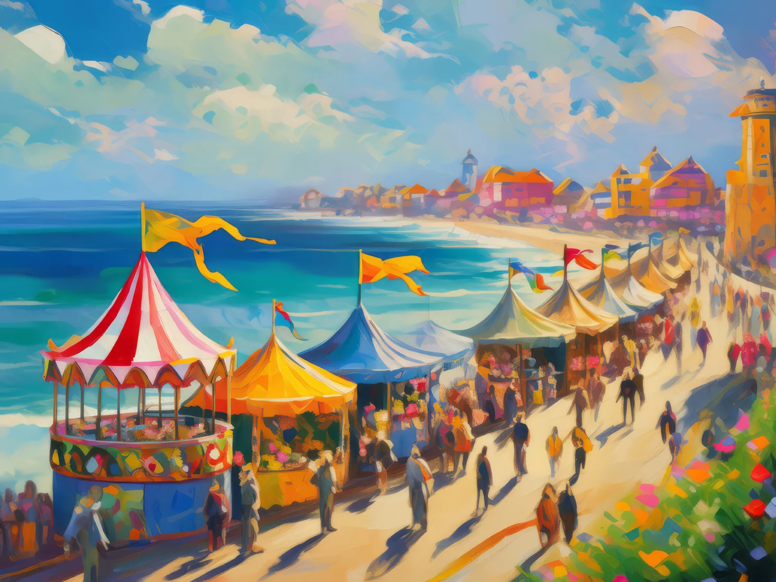 Seaside Town Carnival, a palette-knife oil landscape by Emma Mickelberg