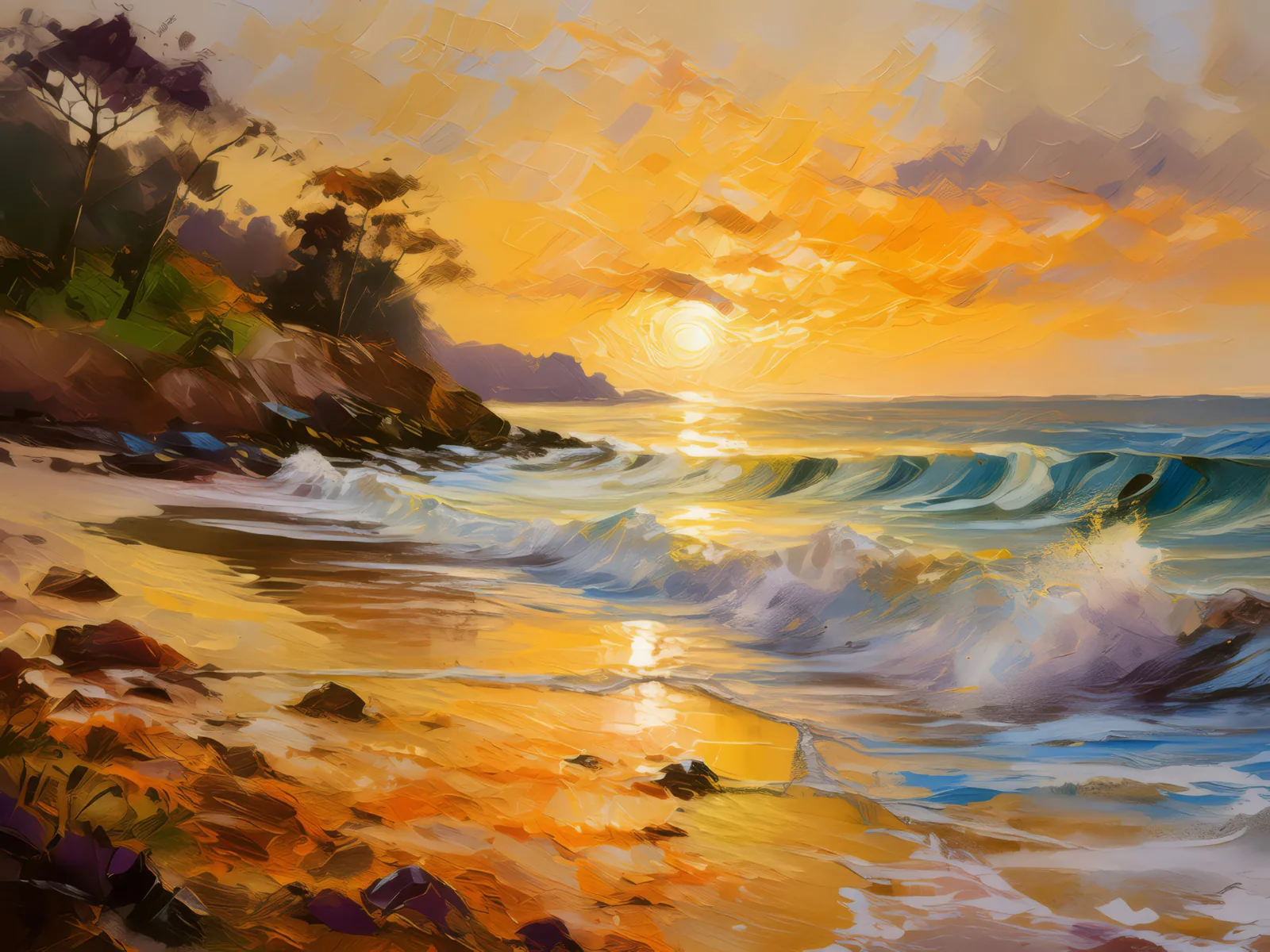 Secluded Beach at Sunrise, a palette-knife oil landscape by Emma Mickelberg