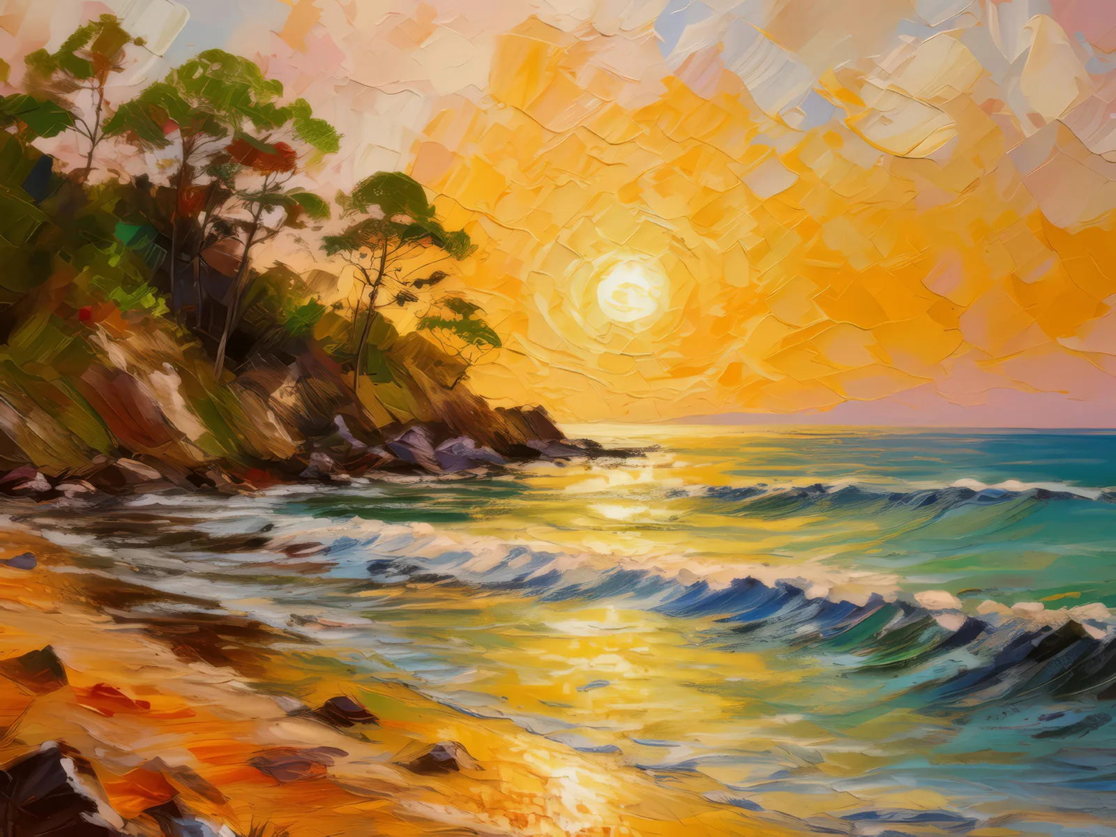 Secluded Beach at Sunset, a palette-knife oil landscape by Emma Mickelberg