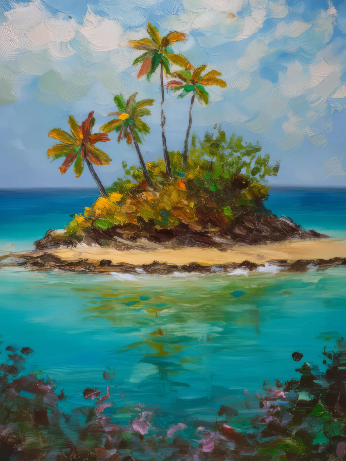 Secluded Beach Island, a palette-knife oil landscape by Emma Mickelberg