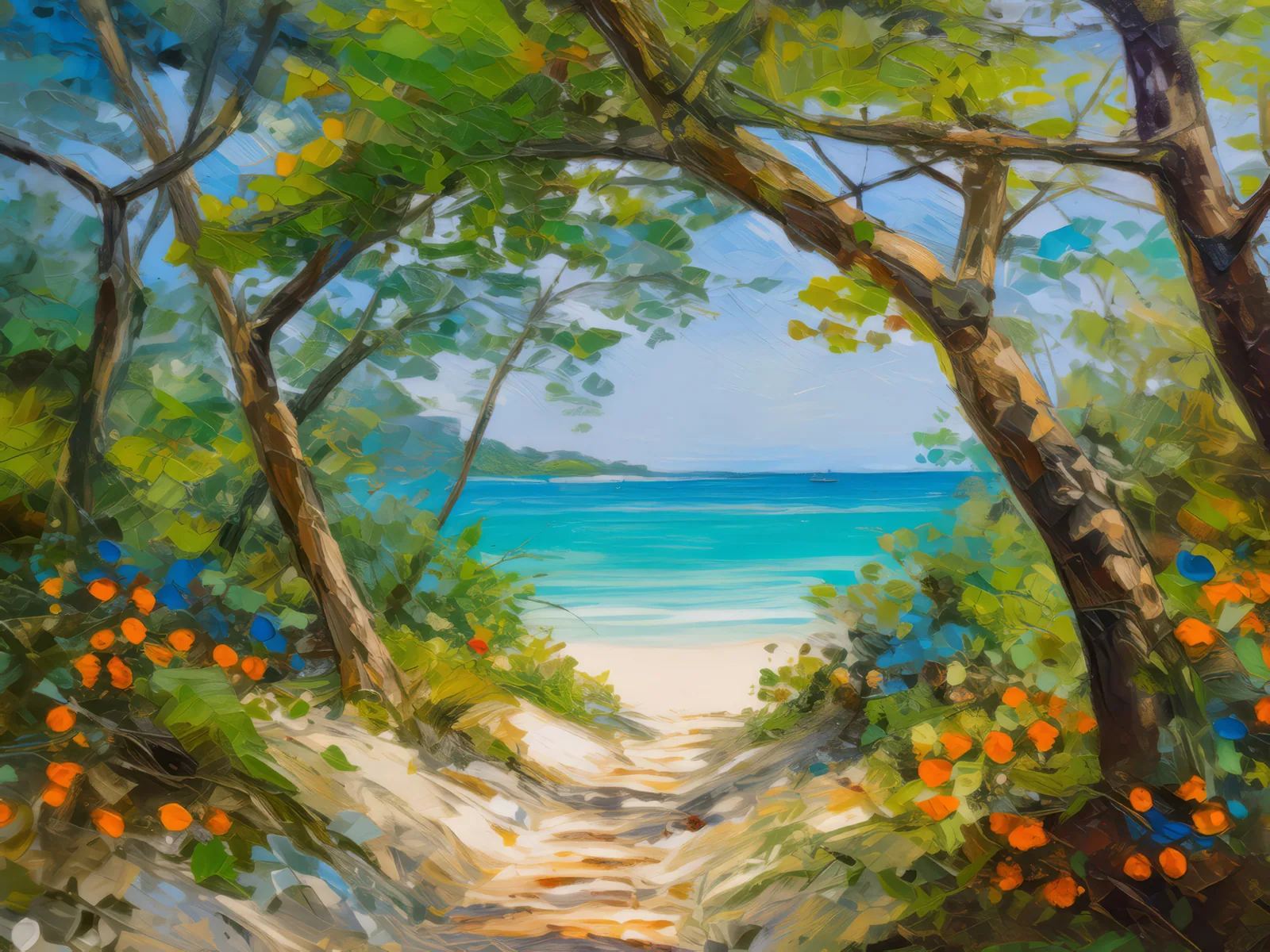 Secluded Beach Path, a palette-knife oil landscape by Emma Mickelberg