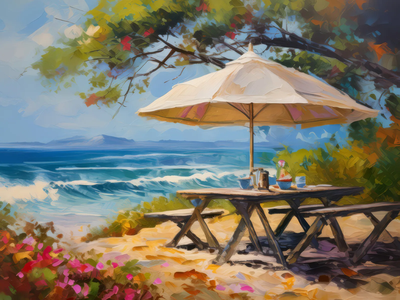 Secluded Beach Picnic at Noon, a palette-knife oil landscape by Emma Mickelberg