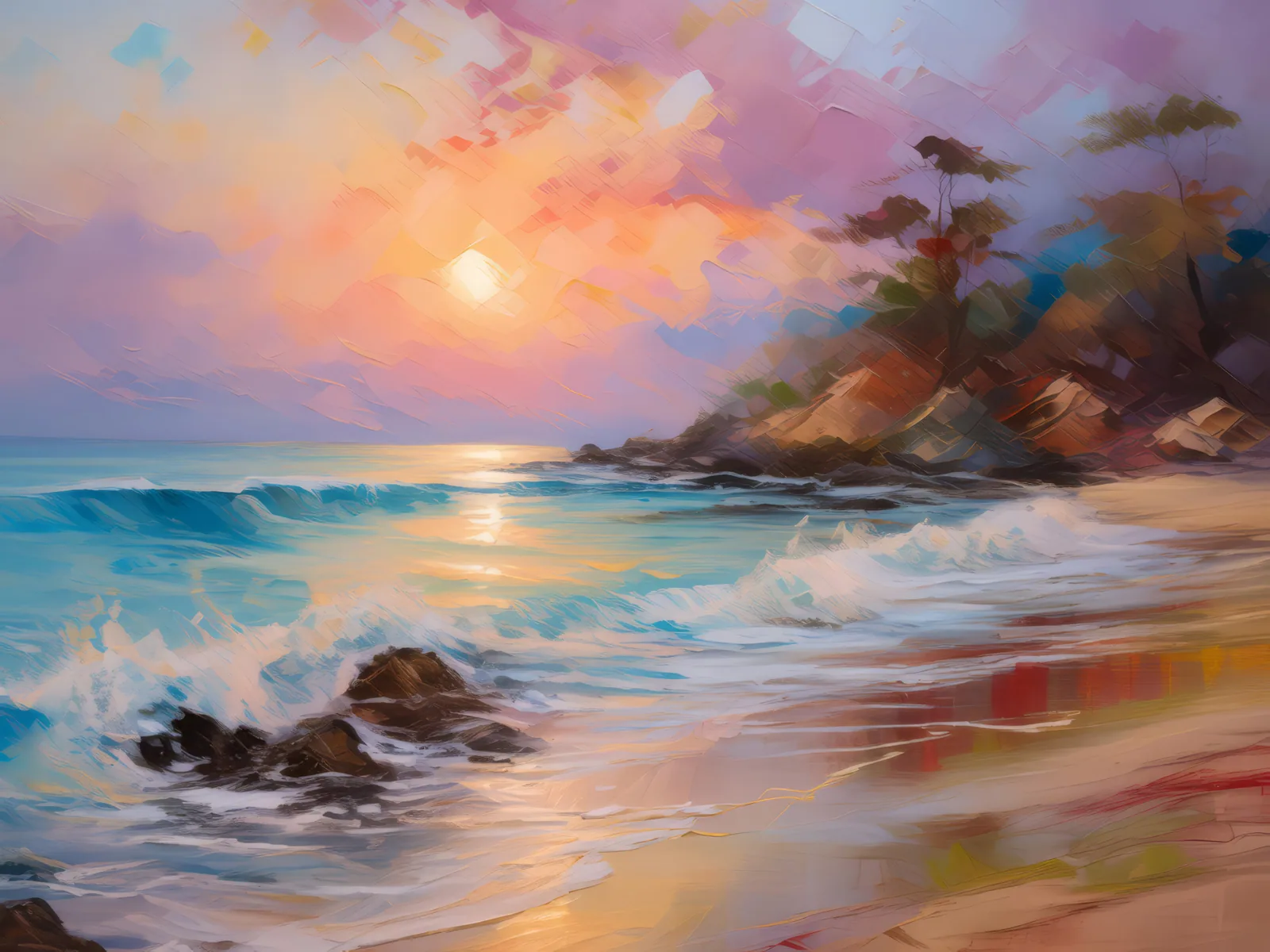 Secluded Beach Sunrise, a palette-knife oil landscape by Emma Mickelberg