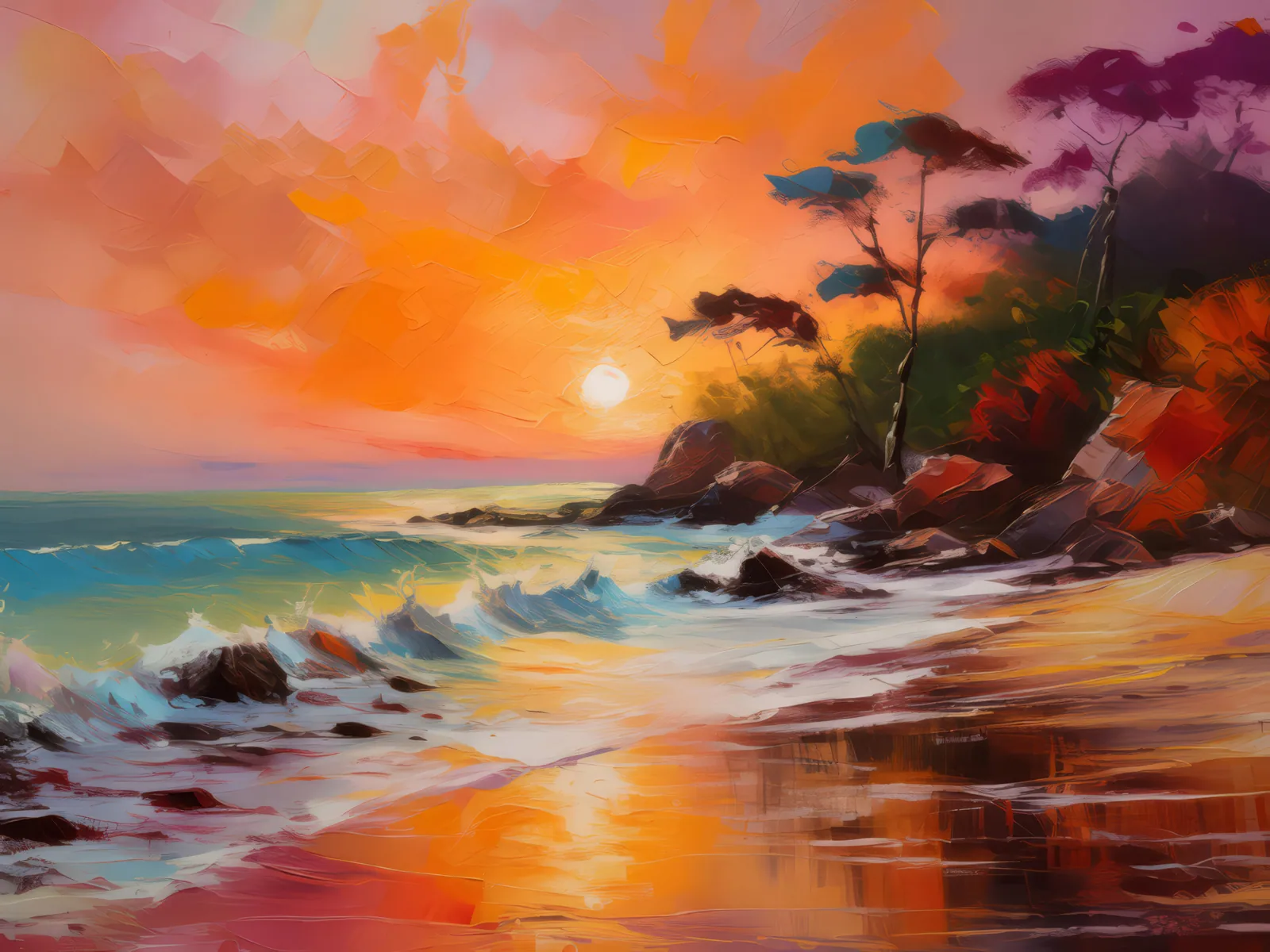 Secluded Beach Sunset, a palette-knife oil landscape by Emma Mickelberg