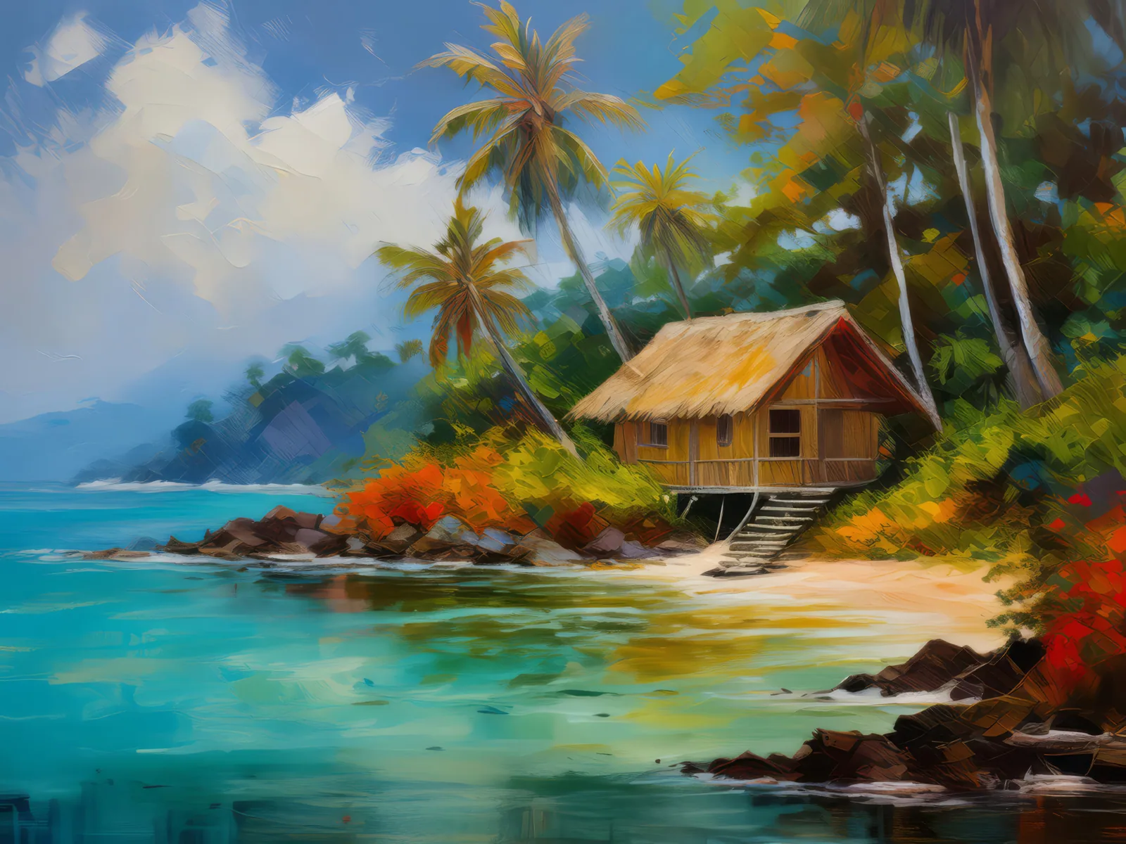 Secluded Island Retreat, a palette-knife oil landscape by Emma Mickelberg