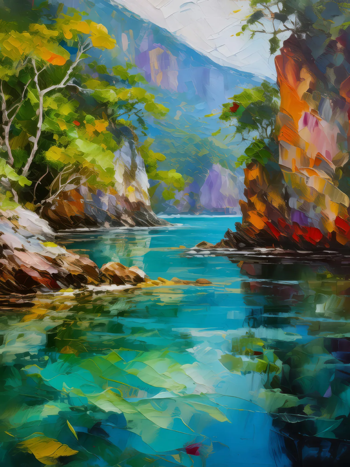 Secluded Lagoon Cove, a palette-knife oil landscape by Emma Mickelberg