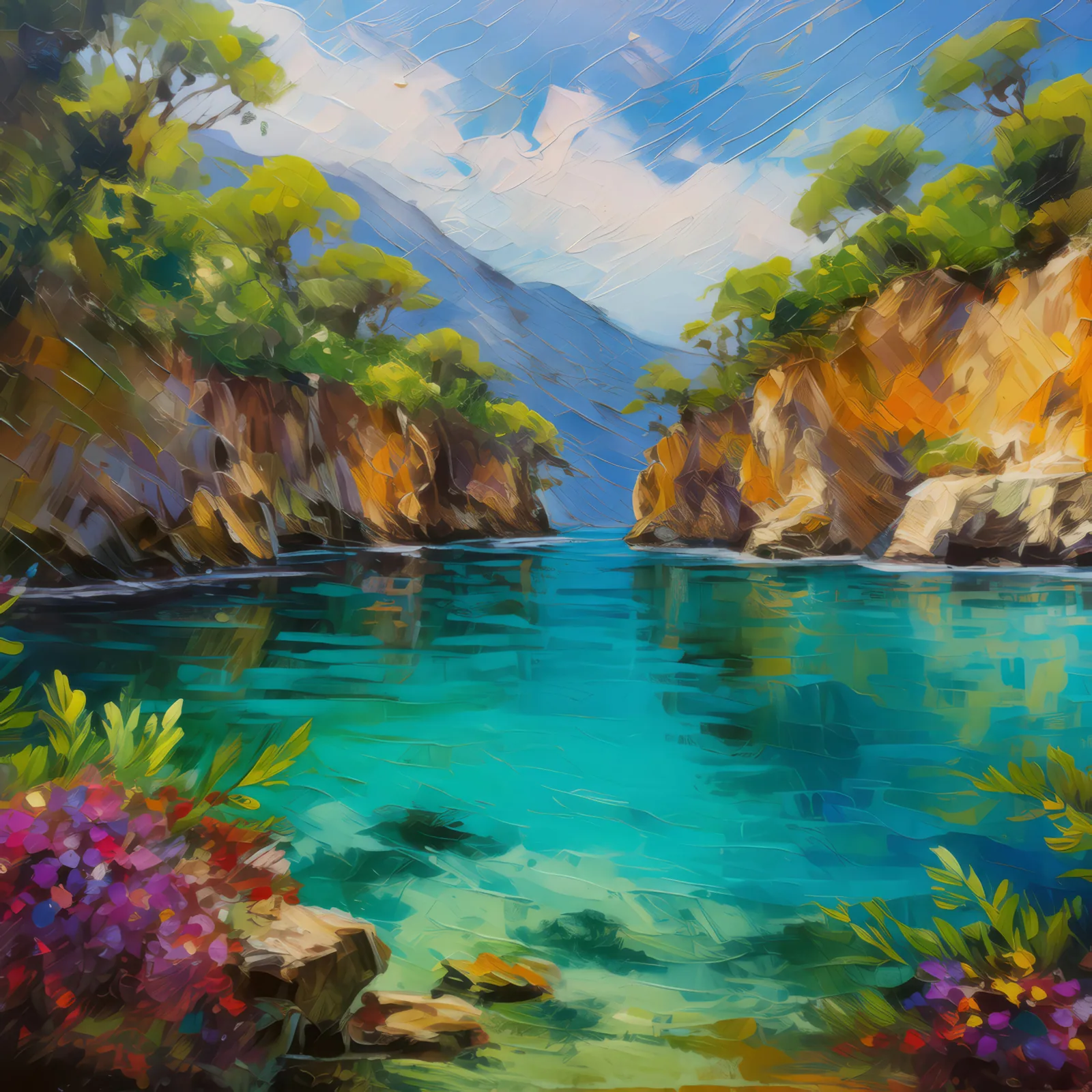 Secluded Lagoon, a palette-knife oil landscape by Emma Mickelberg