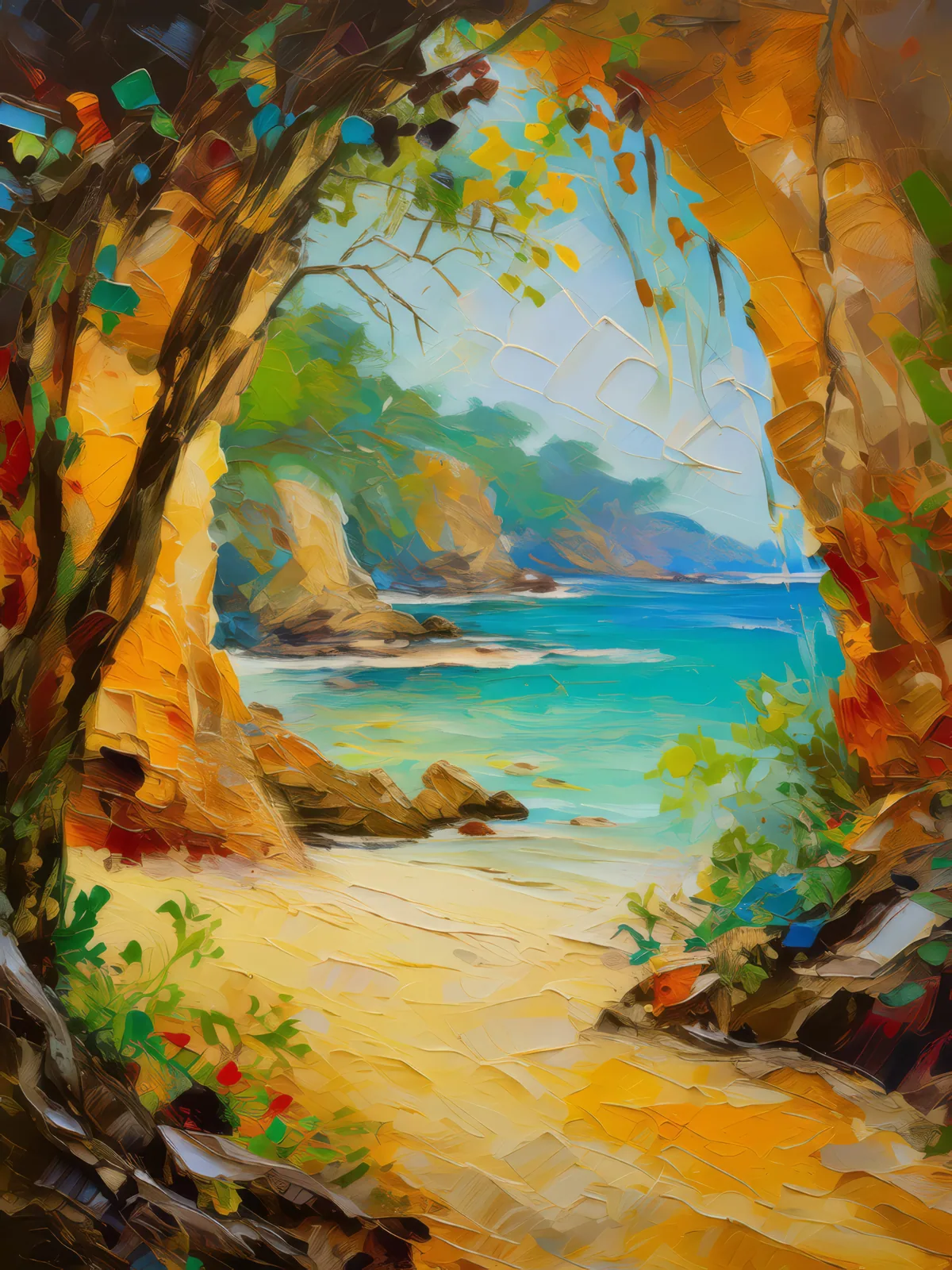 Secret Beach Grotto, a palette-knife oil landscape by Emma Mickelberg