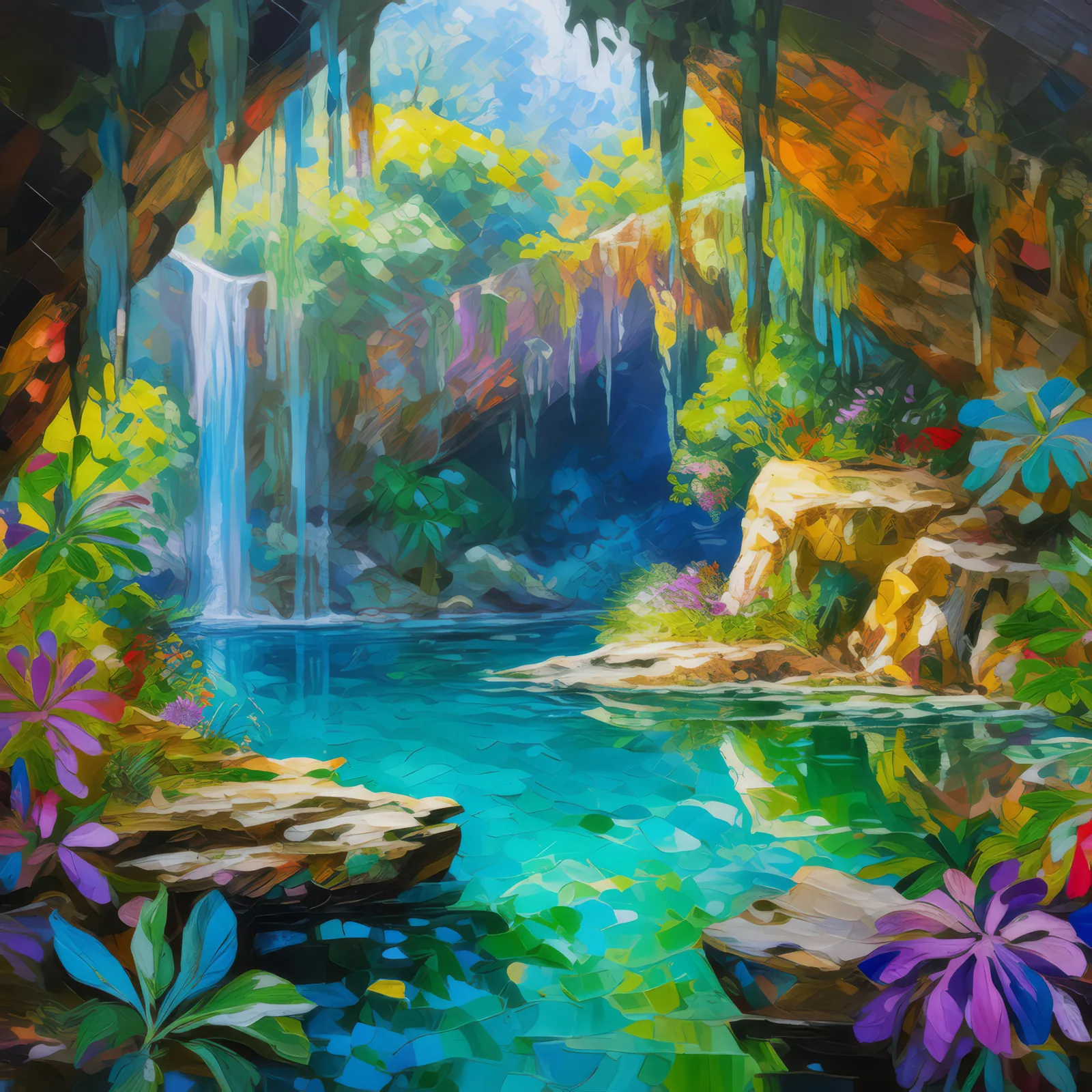 Secret Crystal Pool Grotto, a palette-knife oil landscape by Emma Mickelberg