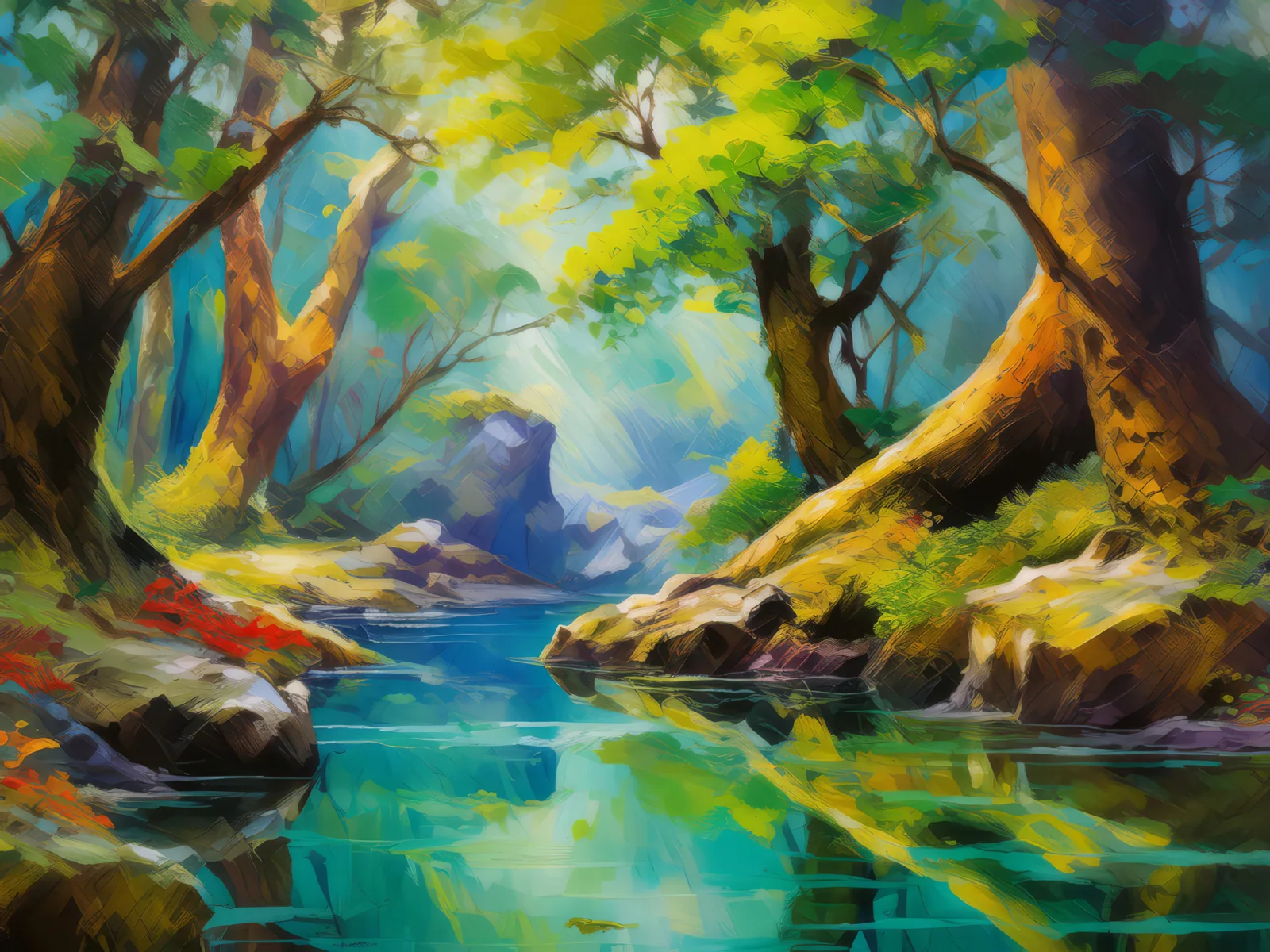 Secret Forest Grotto, a palette-knife oil landscape by Emma Mickelberg