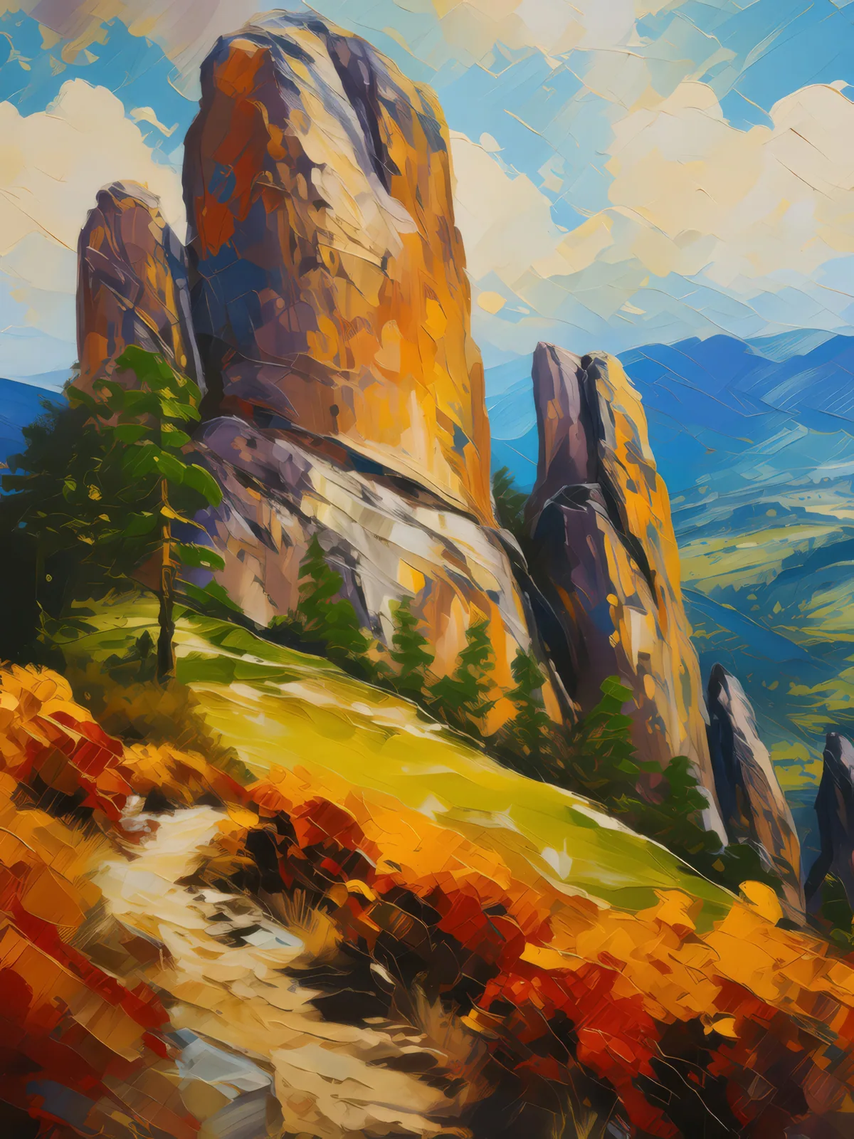 Sentinel Crags Stand Guard, a palette-knife oil landscape by Emma Mickelberg