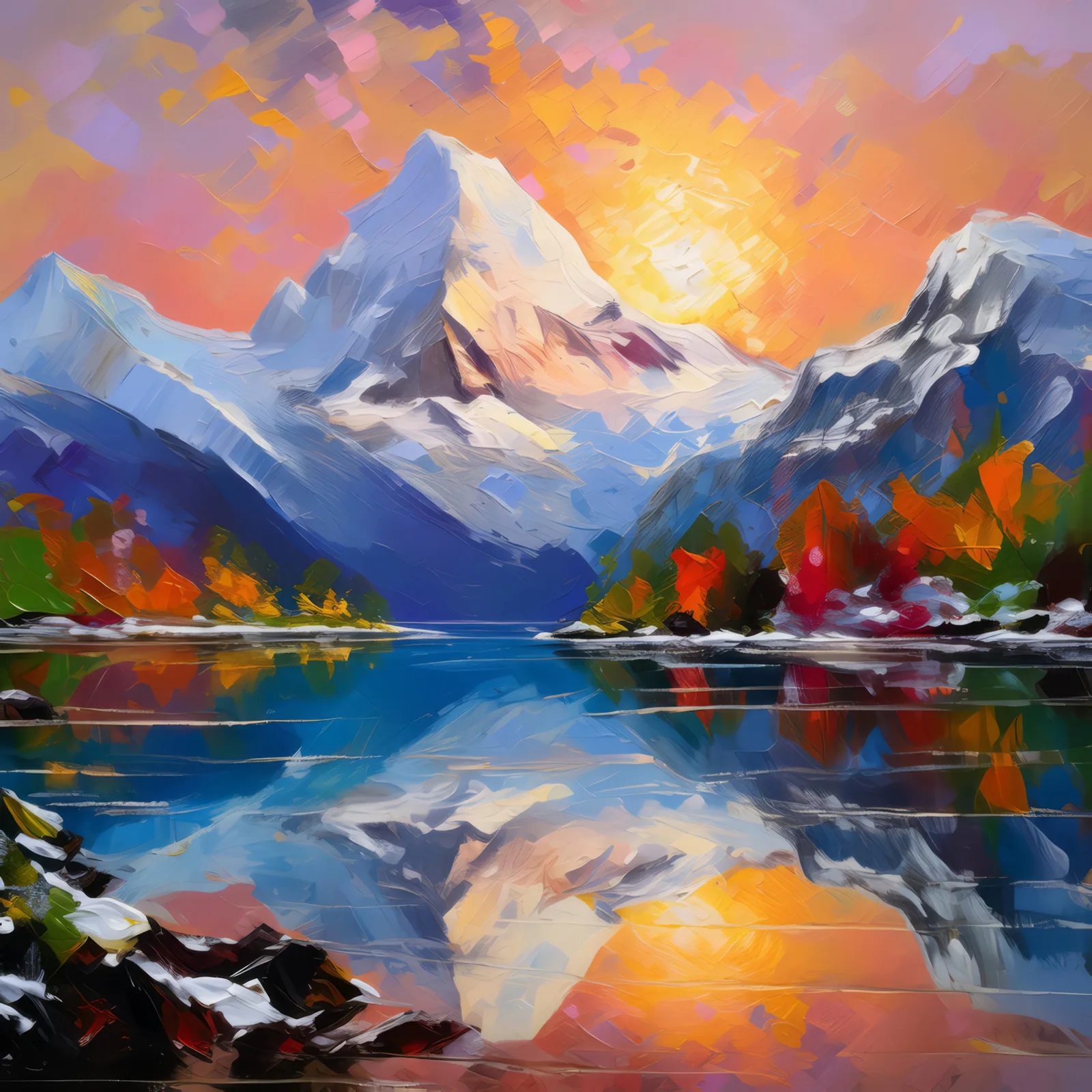 Serene Alpine Sunrise, a palette-knife oil landscape by Emma Mickelberg