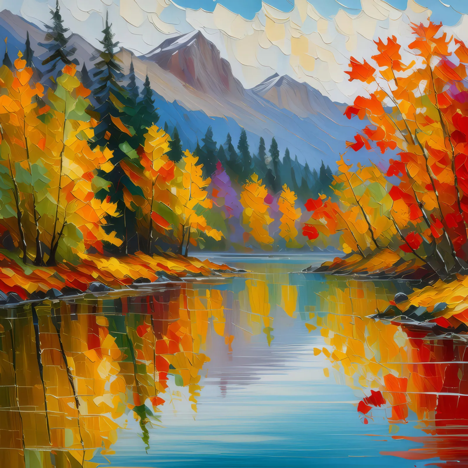 Serene Autumn Lake, a palette-knife oil landscape by Emma Mickelberg