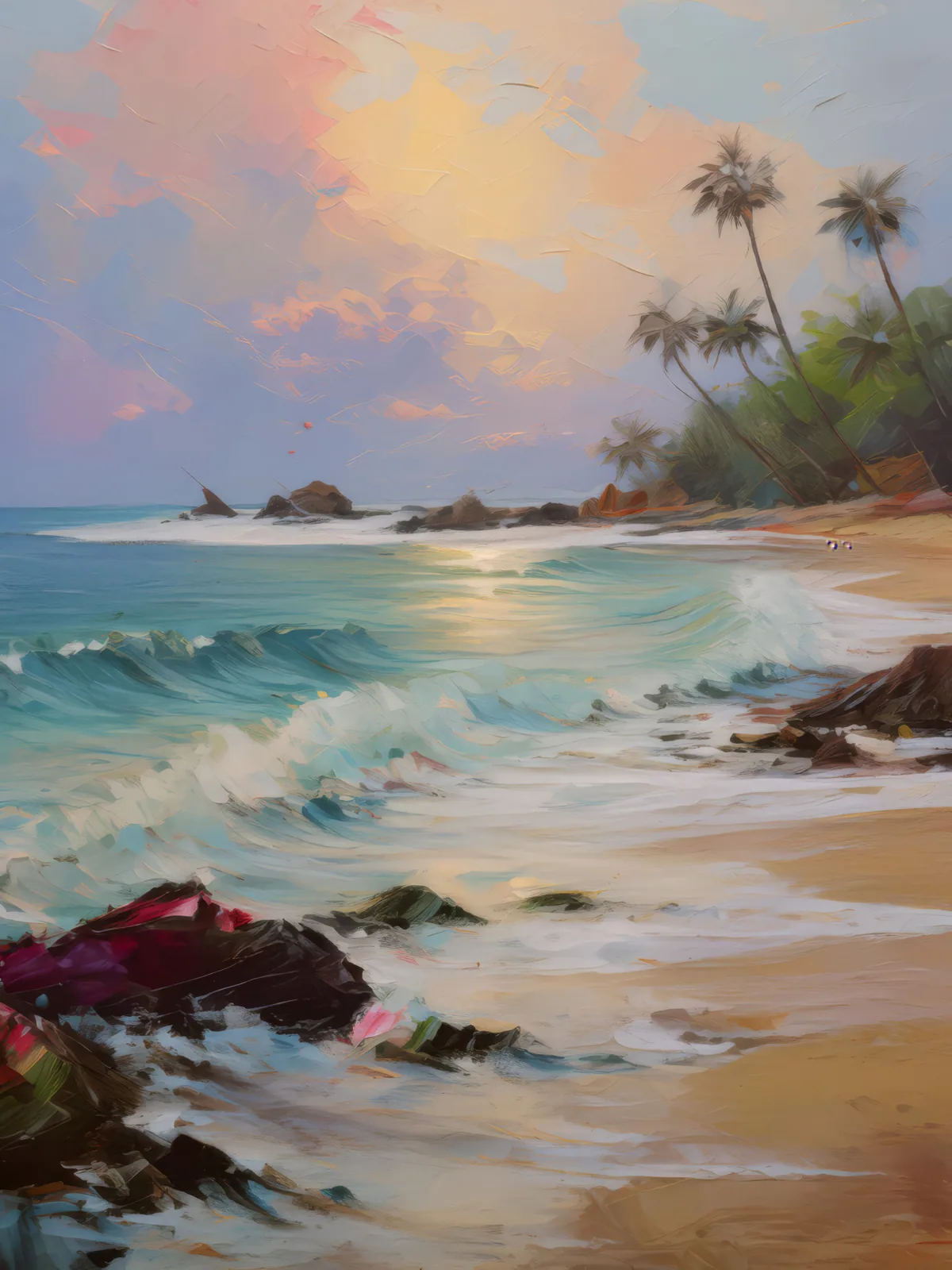 Serene Beach Morning, a palette-knife oil landscape by Emma Mickelberg
