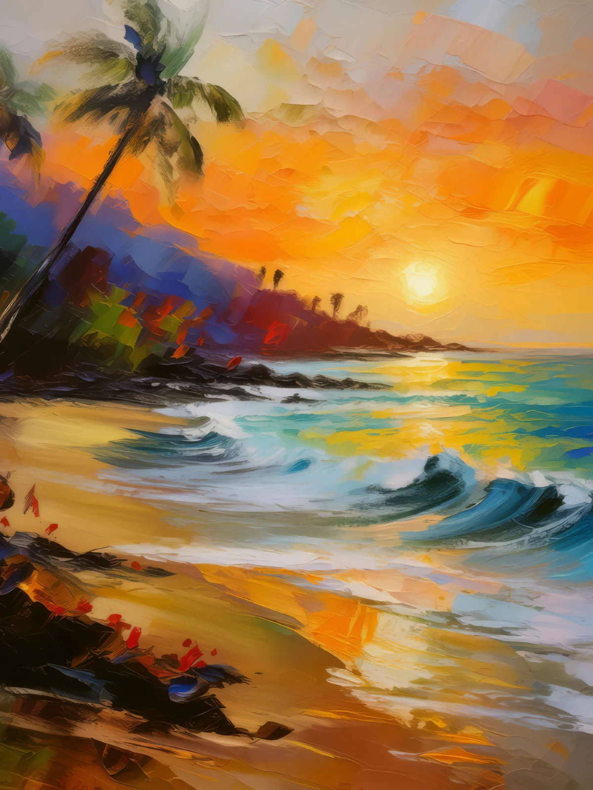 Serene Beach Sunset, a palette-knife oil landscape by Emma Mickelberg