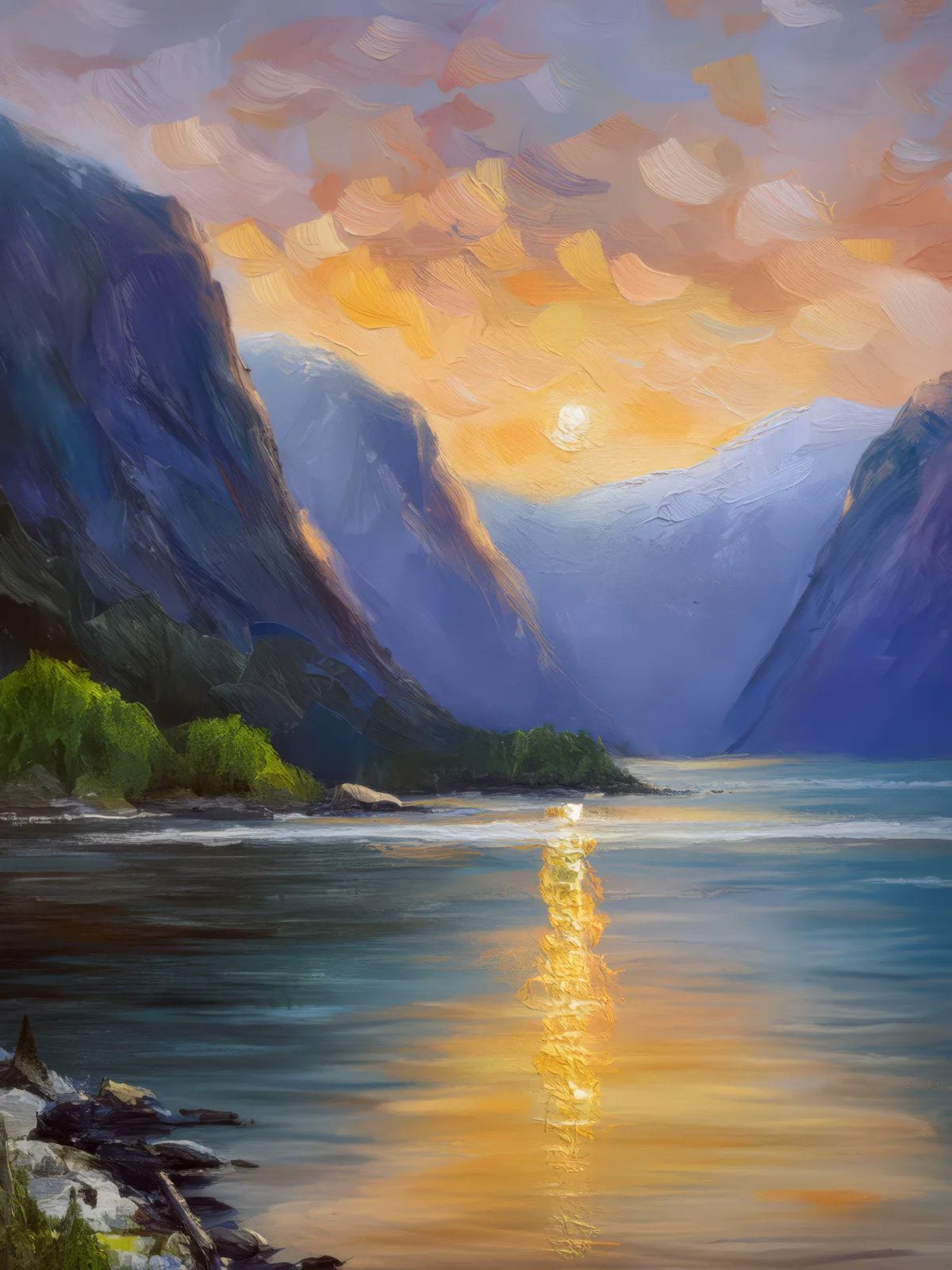 Serene Dawn Over the Fjord, a palette-knife oil landscape by Emma Mickelberg