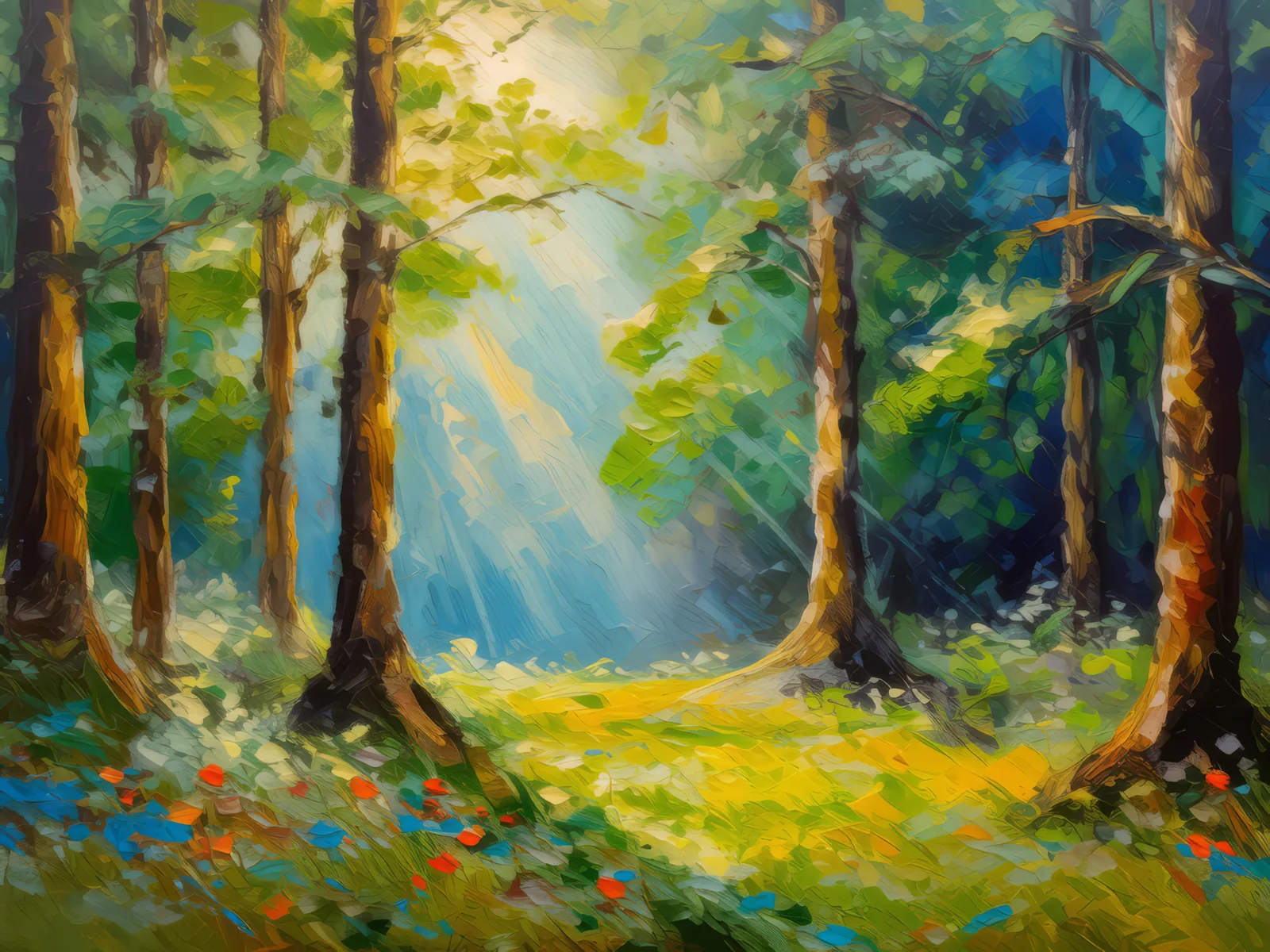 Serene Forest Glade, a palette-knife oil landscape by Emma Mickelberg