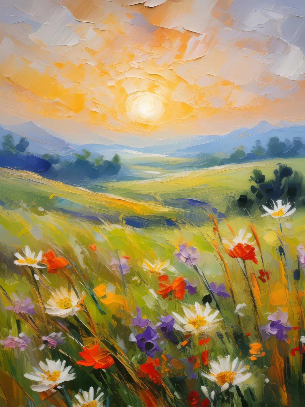 Serene Grassland Sunrise, a palette-knife oil landscape by Emma Mickelberg