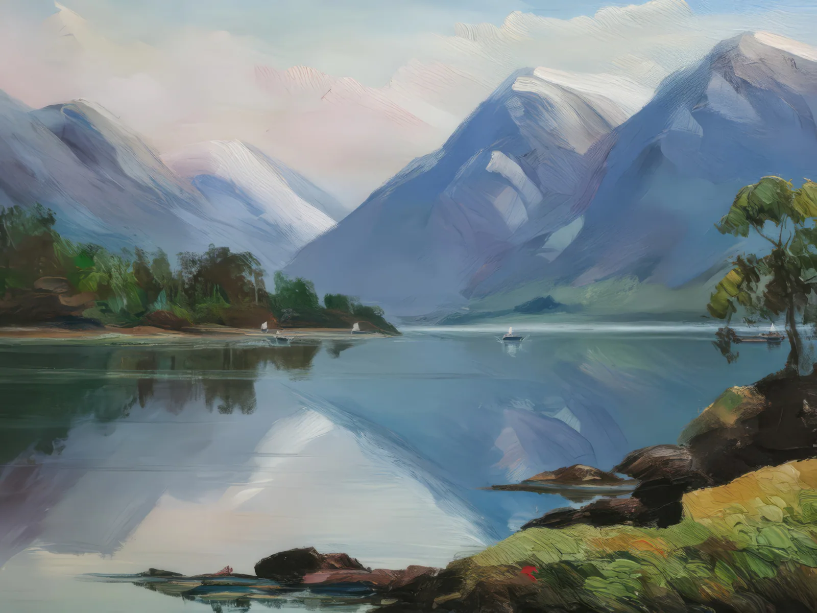 Serene Highland Loch, a palette-knife oil landscape by Emma Mickelberg