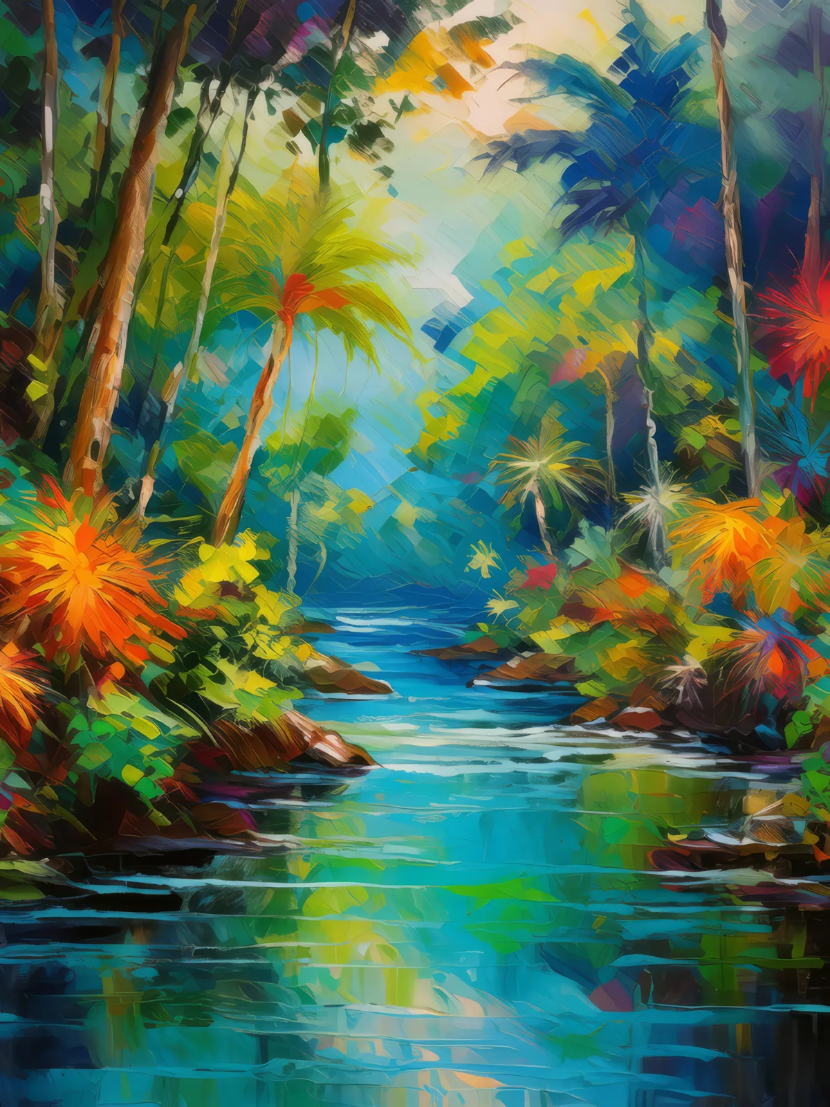 Serene Jungle Watercourse, a palette-knife oil landscape by Emma Mickelberg