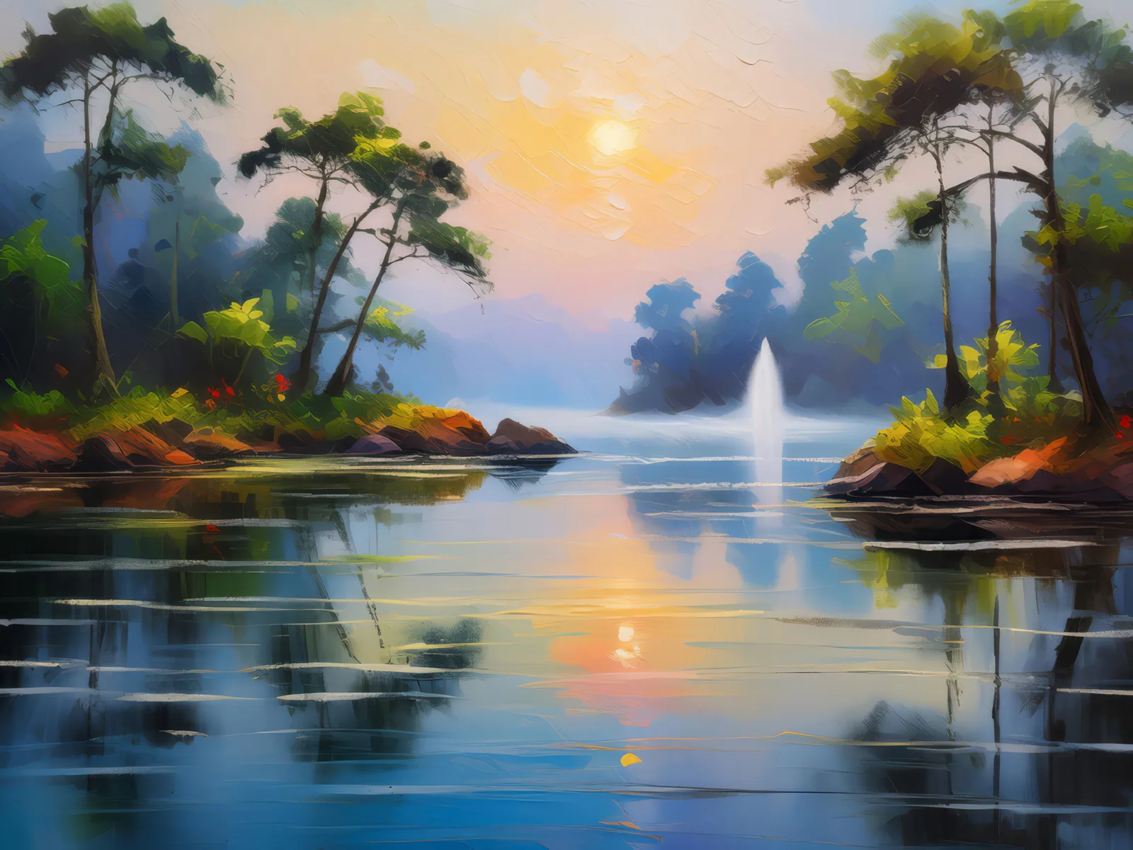 Serene Lagoon Morning, a palette-knife oil landscape by Emma Mickelberg