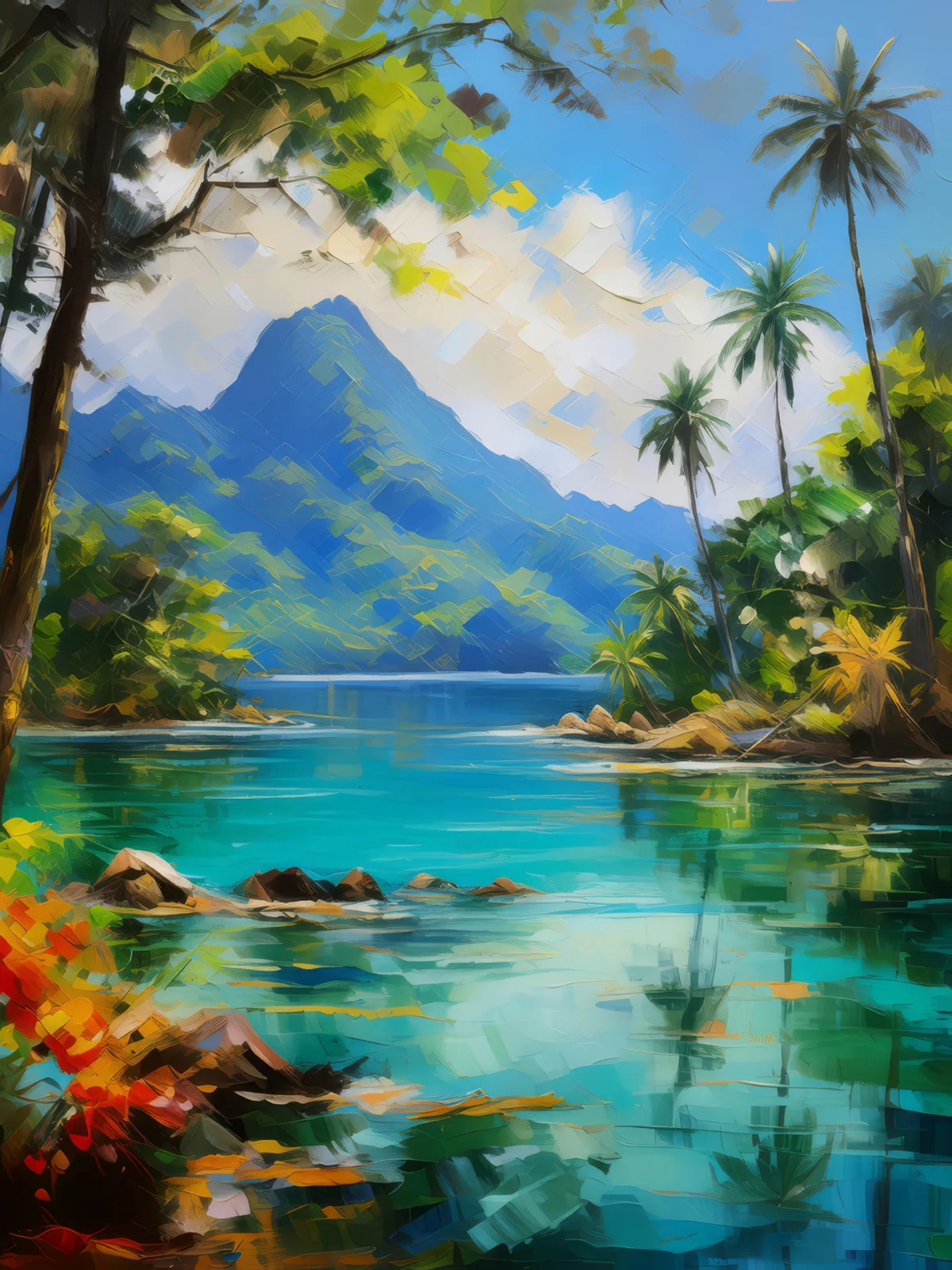Serene Lagoon View, a palette-knife oil landscape by Emma Mickelberg