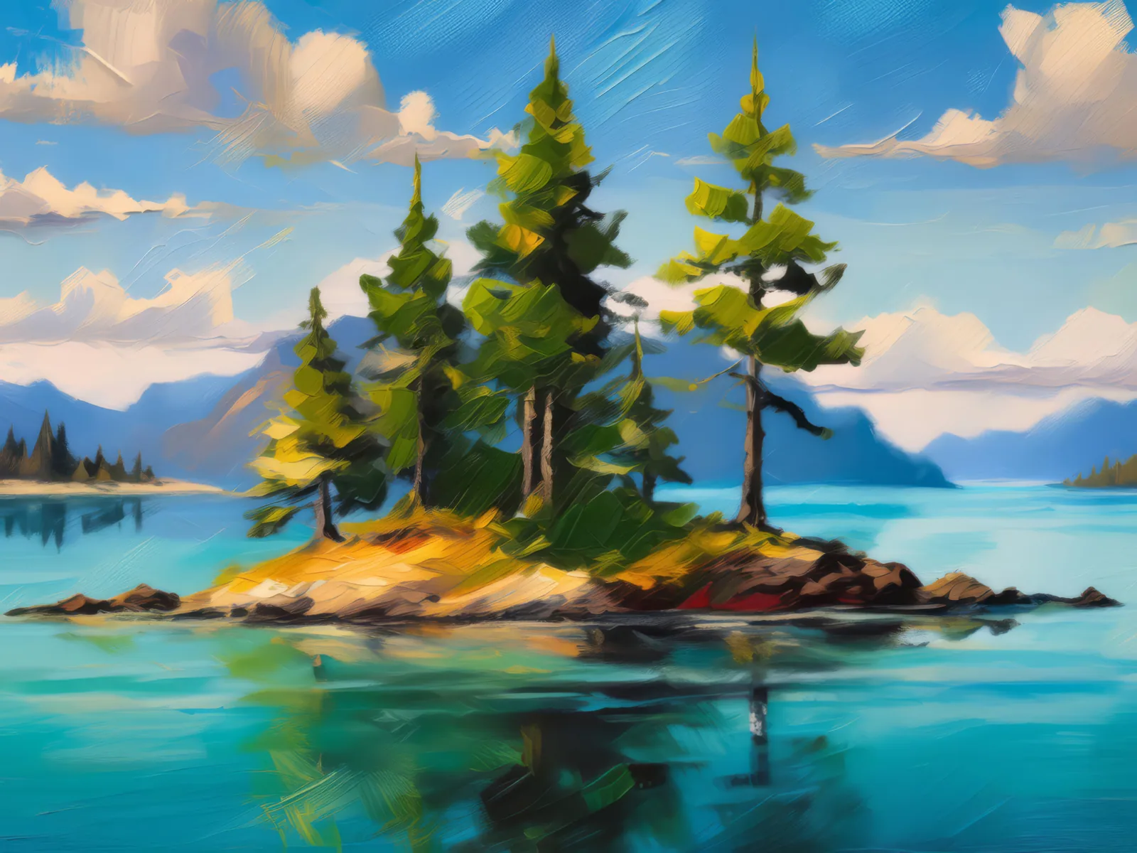 Serene Lake Island, a palette-knife oil landscape by Emma Mickelberg