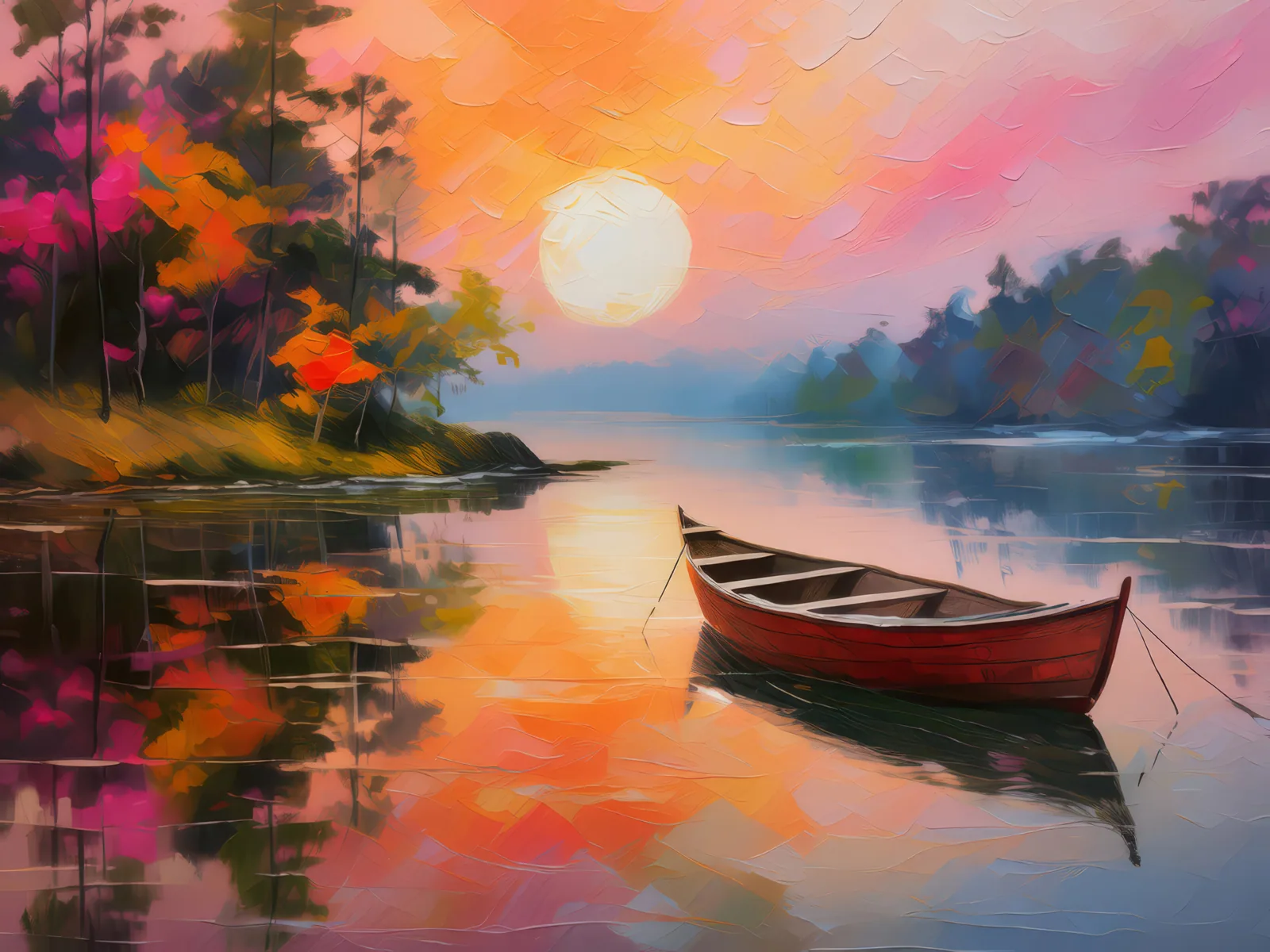 Serene Lake Morning, a palette-knife oil landscape by Emma Mickelberg