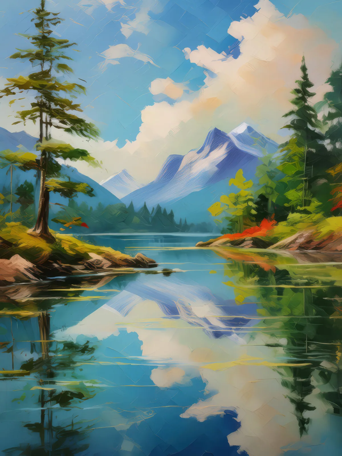 Serene Lake Reflections, a palette-knife oil landscape by Emma Mickelberg