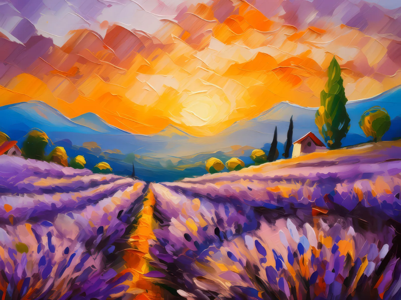 Serene Lavender Fields at Sunset, a palette-knife oil landscape by Emma Mickelberg