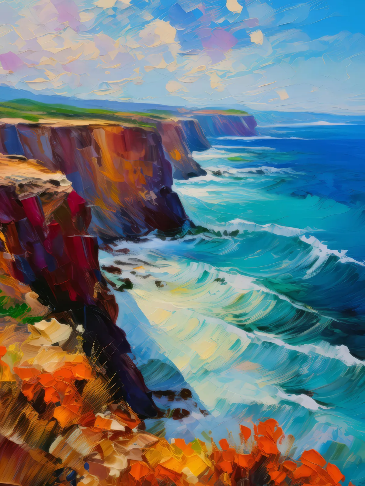 Serene Ocean Cliffs, a palette-knife oil landscape by Emma Mickelberg