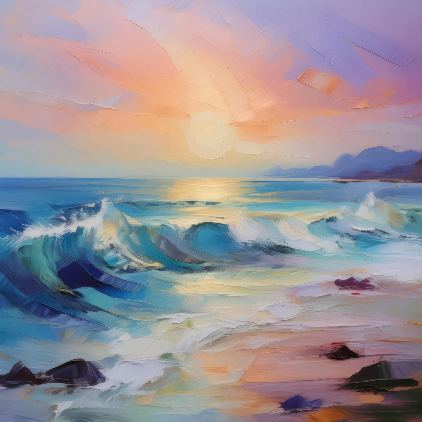 Serene Ocean Morning, a palette-knife oil landscape by Emma Mickelberg