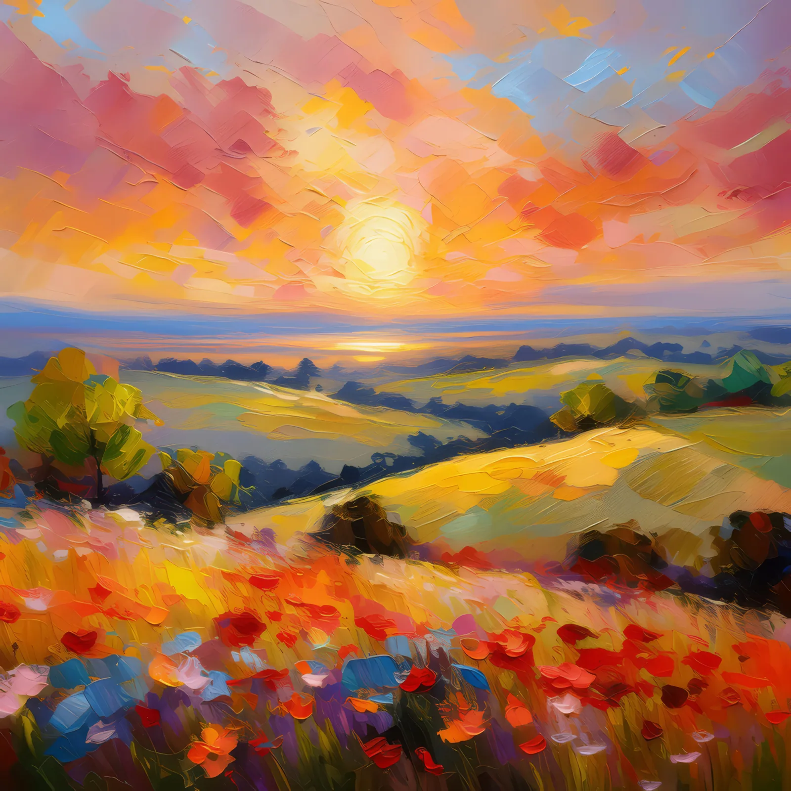 Serene Plateau Sunset, a palette-knife oil landscape by Emma Mickelberg