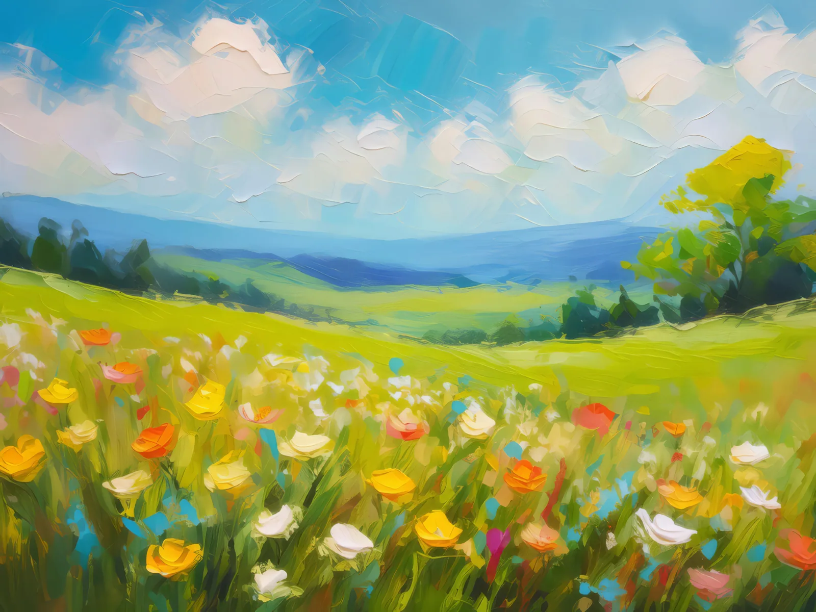 Serene Spring Meadow, a palette-knife oil landscape by Emma Mickelberg