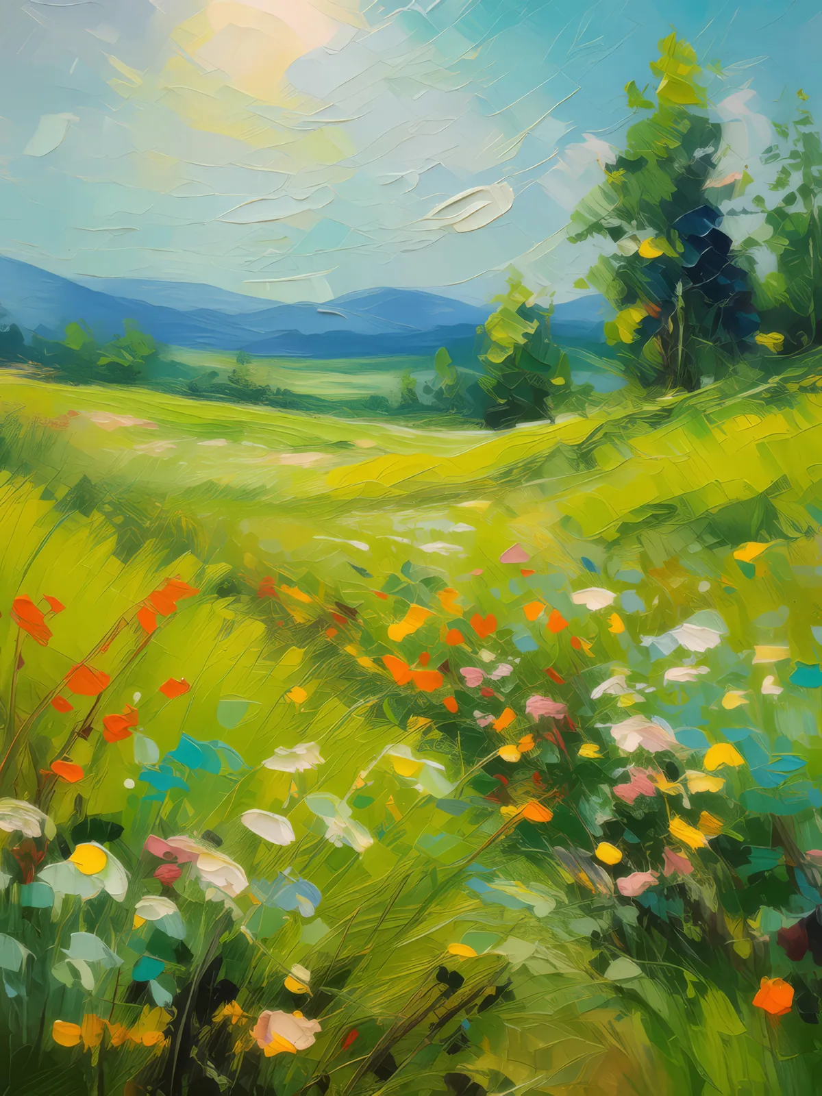 Serene Summer Grassland, a palette-knife oil landscape by Emma Mickelberg