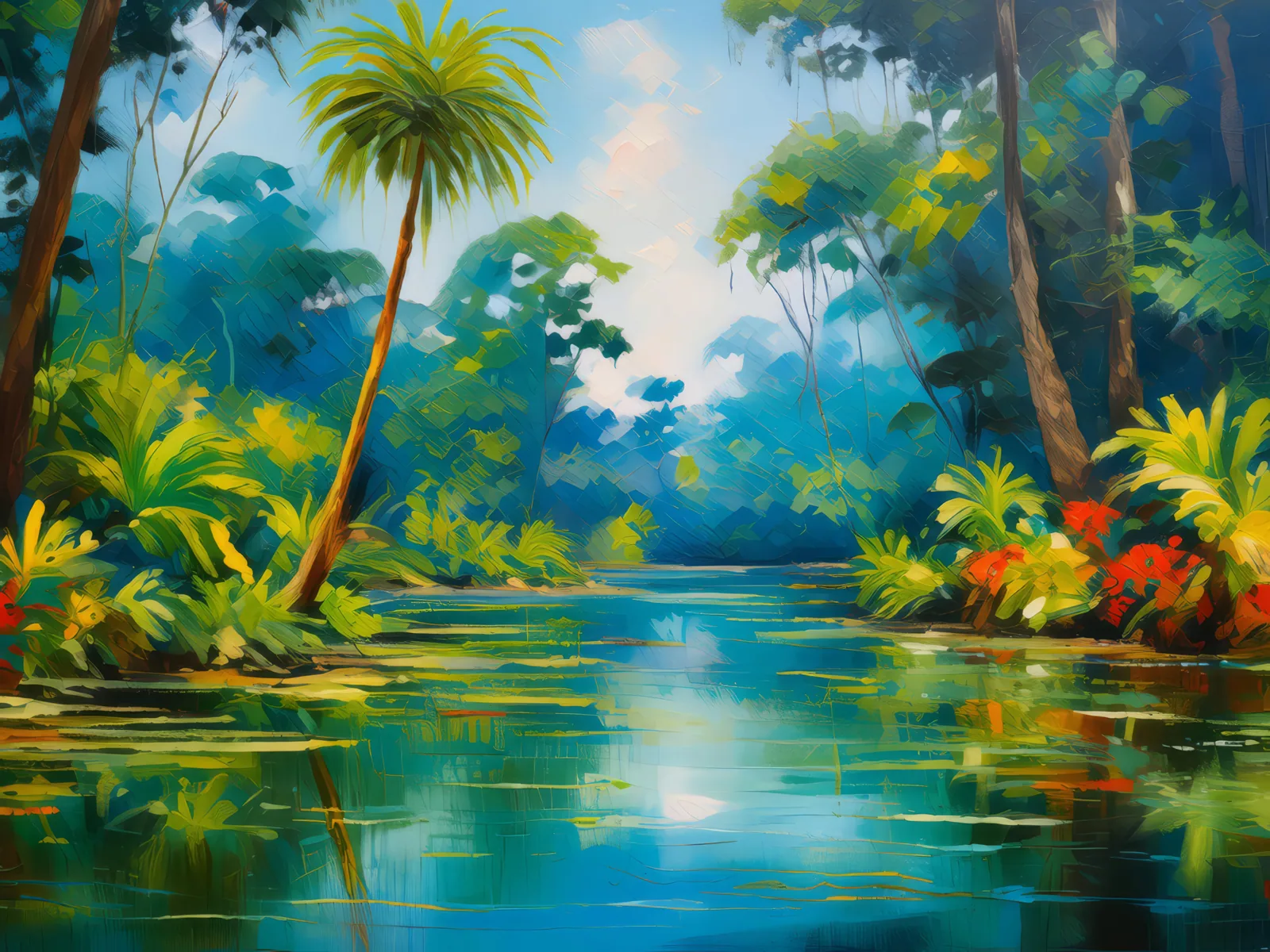 Serene Swamp Scene, a palette-knife oil landscape by Emma Mickelberg