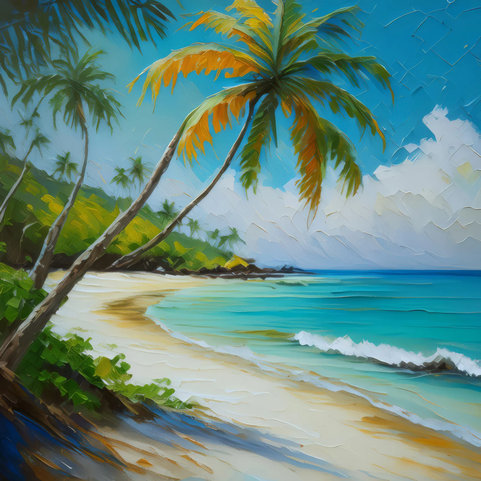 Serene Tropical Beach, a palette-knife oil landscape by Emma Mickelberg
