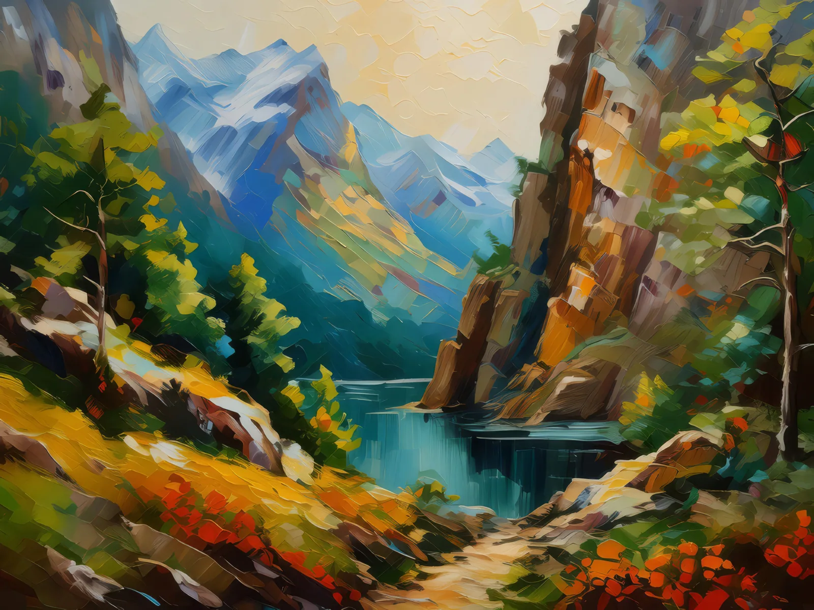 Serenity's Craggy Sanctuary, a palette-knife oil landscape by Emma Mickelberg