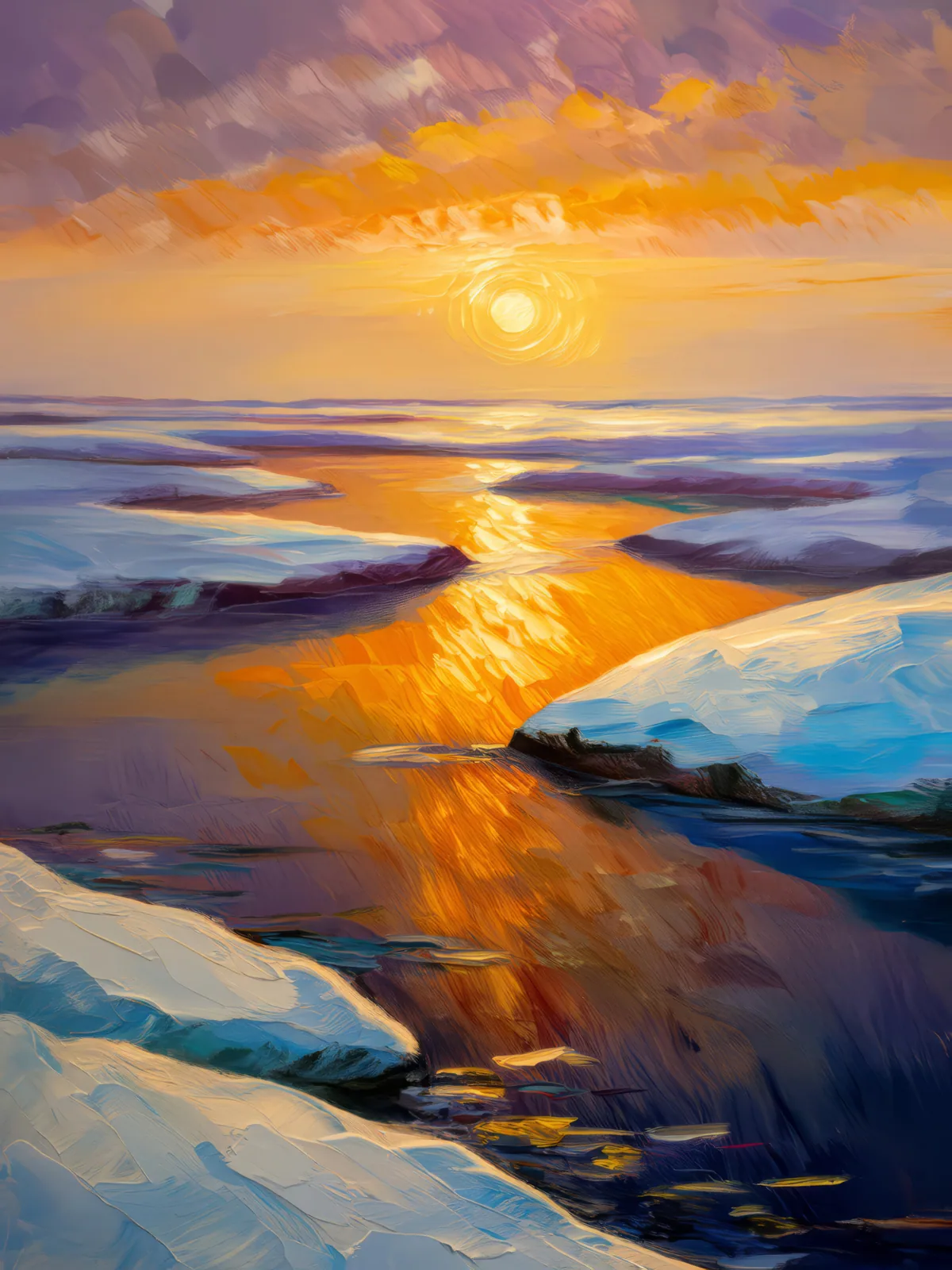 Shadows Across the Ice, a palette-knife oil landscape by Emma Mickelberg