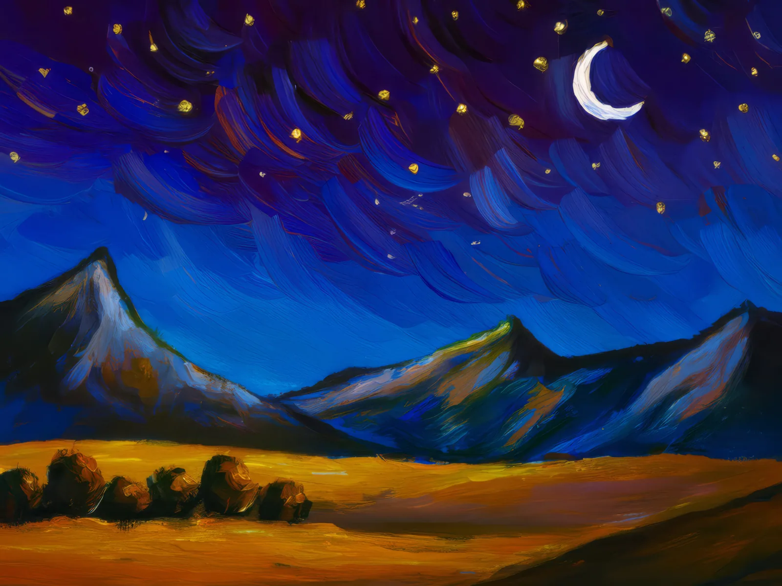 Silent Alpine Desert Night, a palette-knife oil landscape by Emma Mickelberg