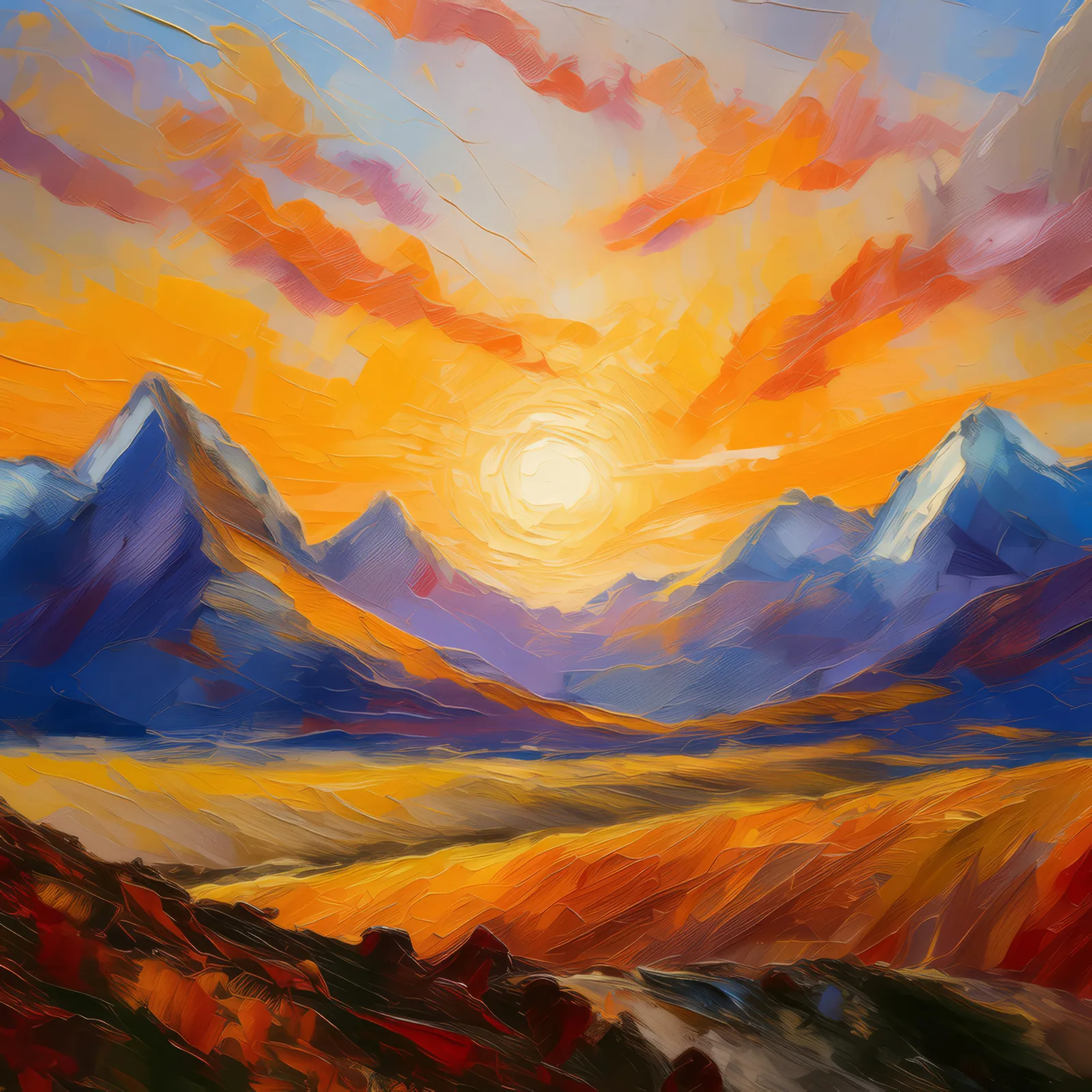 Silent Alpine Desert Sunrise, a palette-knife oil landscape by Emma Mickelberg