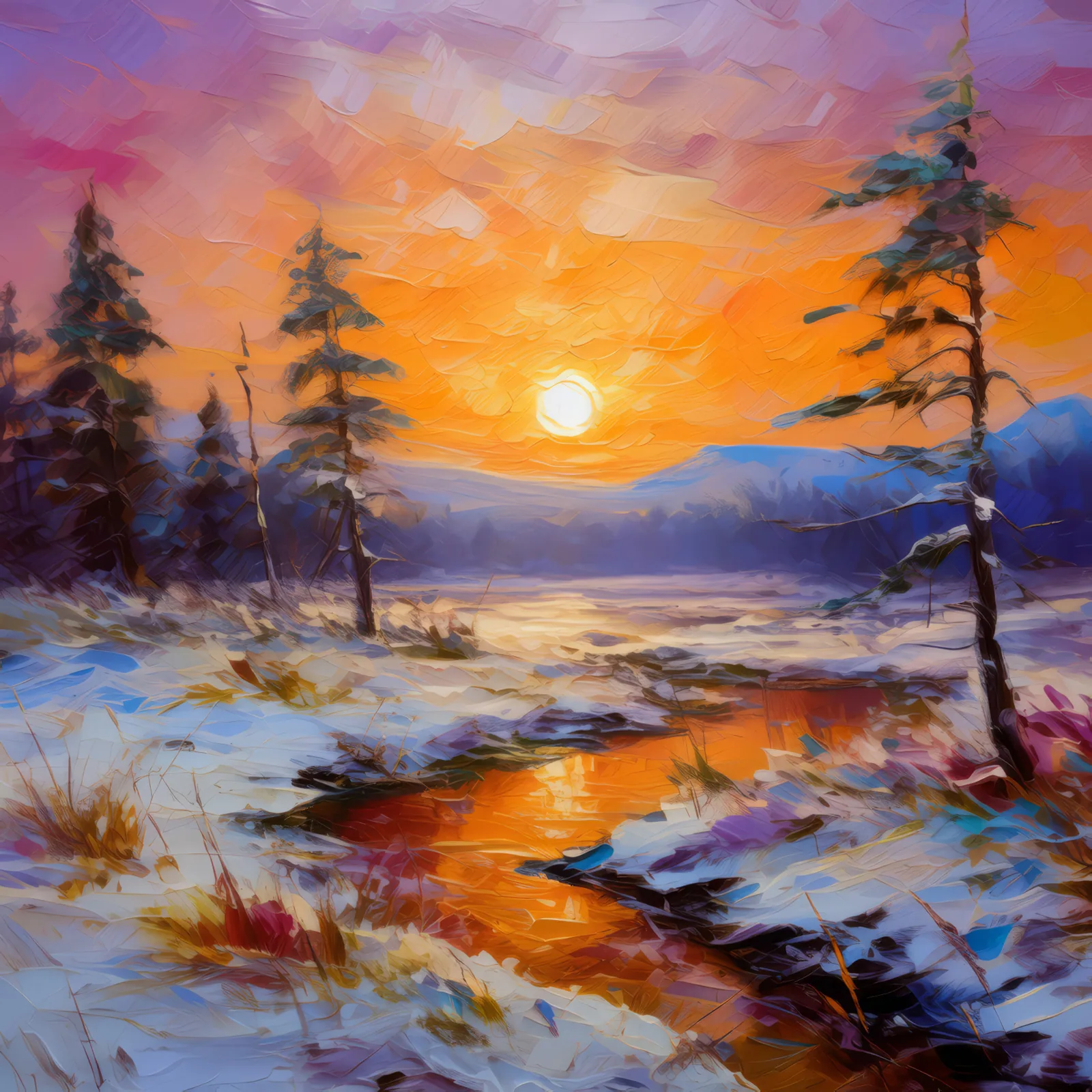 Silent Boreal Desert Sunrise, a palette-knife oil landscape by Emma Mickelberg
