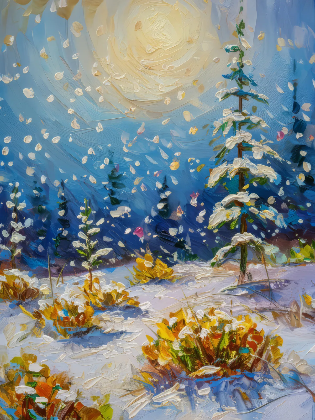 Silent Snowfall in Boreal, a palette-knife oil landscape by Emma Mickelberg