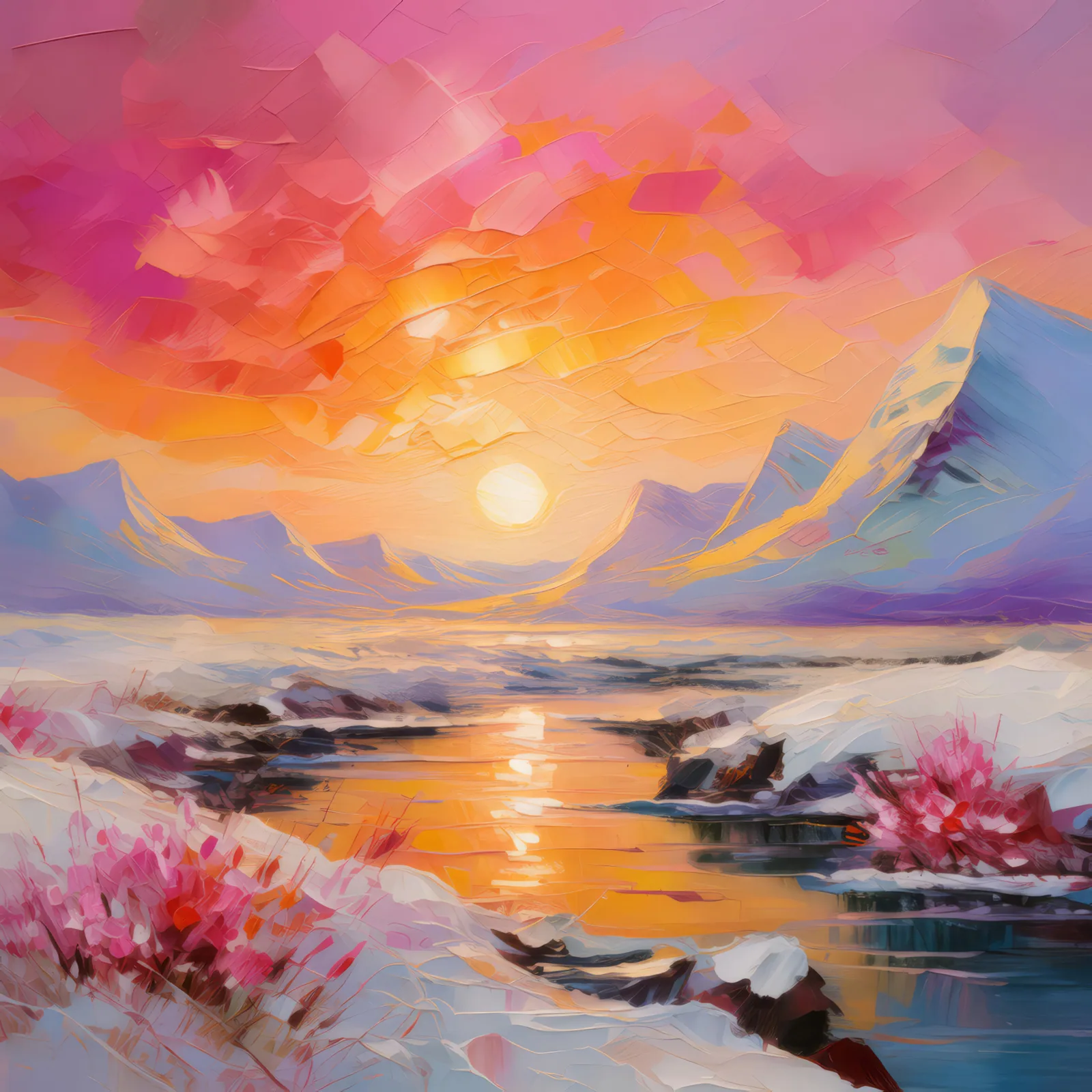 Silent Tundra Sunrise, a palette-knife oil landscape by Emma Mickelberg
