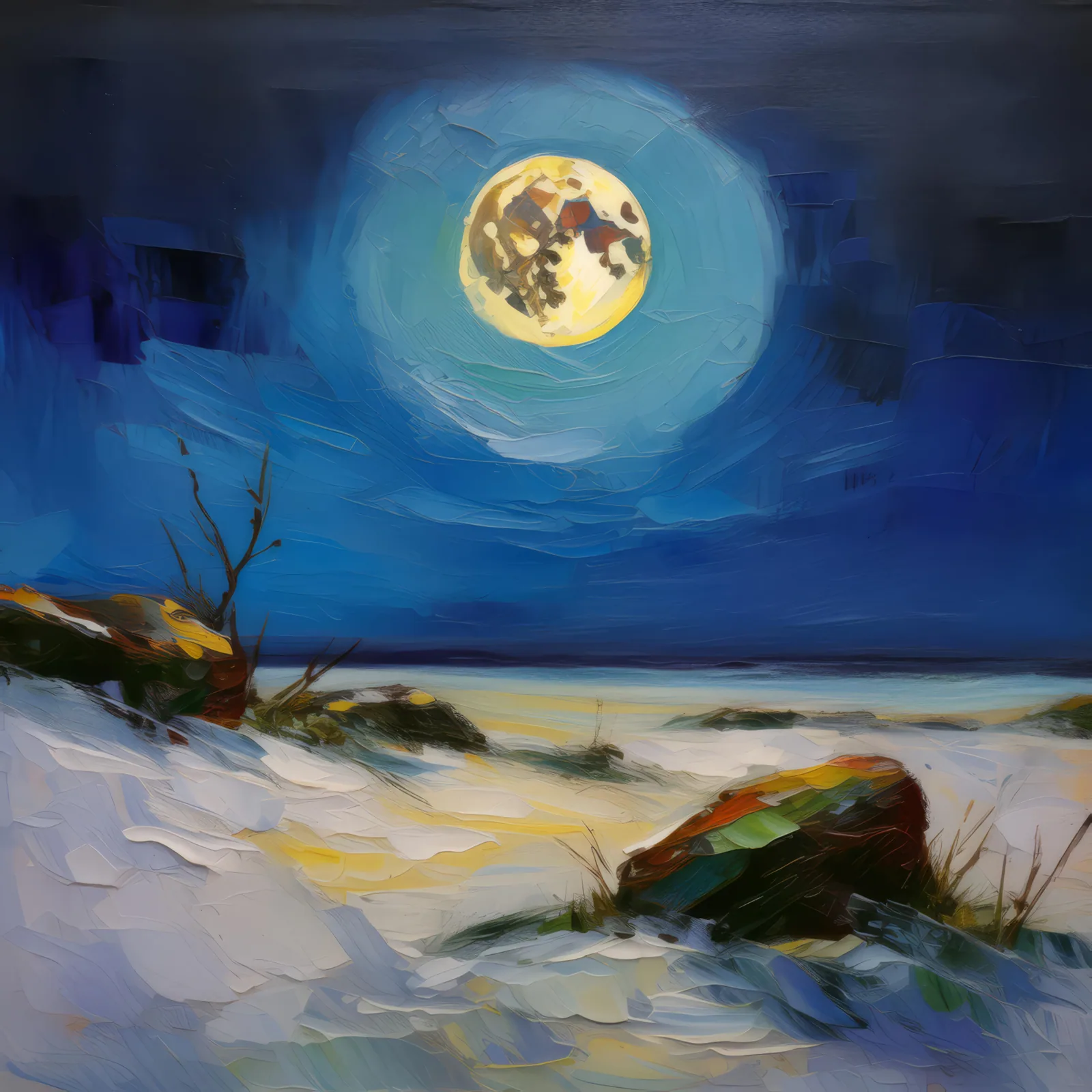 Silent Tundra Under Moon, a palette-knife oil landscape by Emma Mickelberg