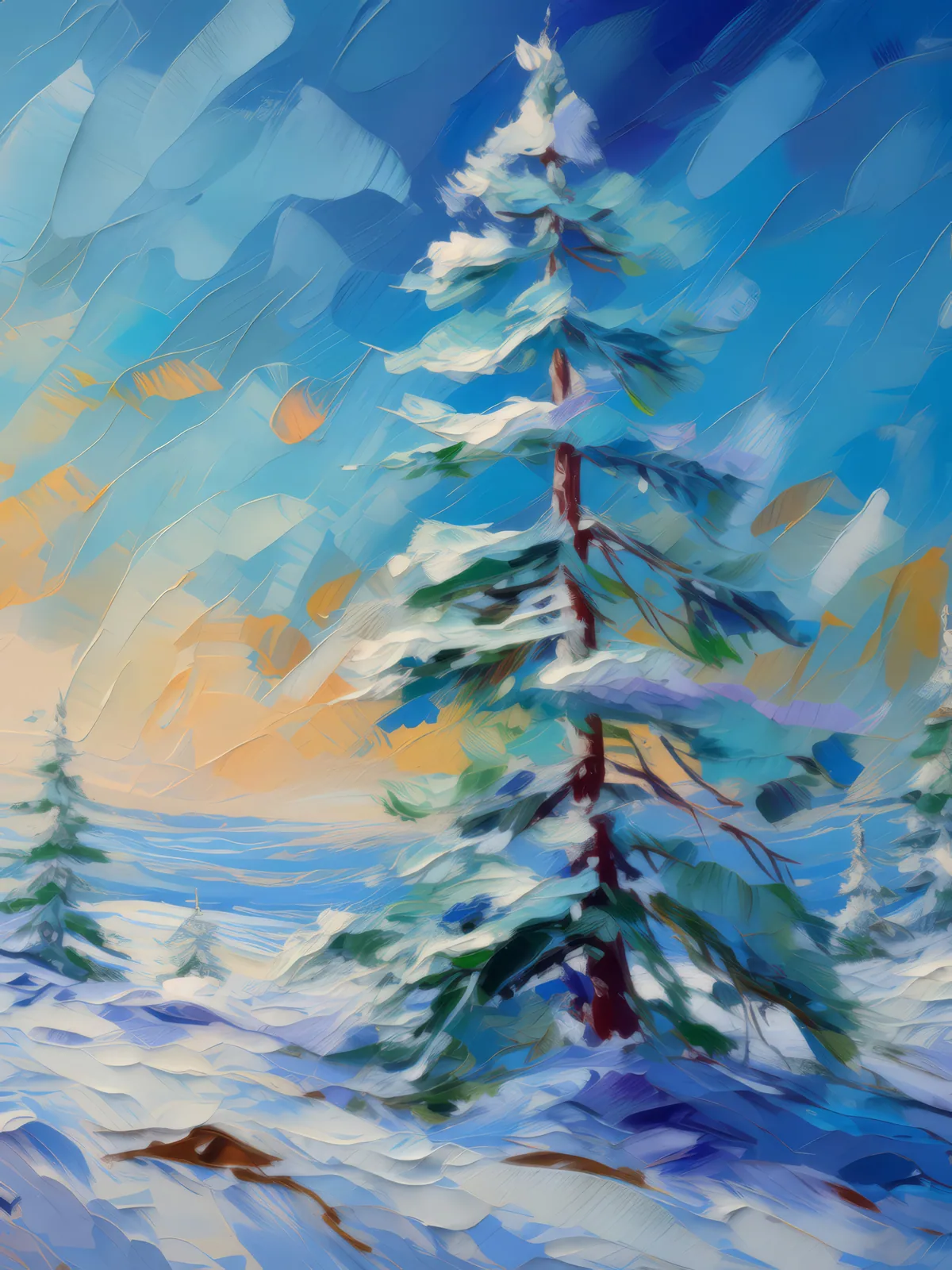 Snow Burdened Pine Trees, a palette-knife oil landscape by Emma Mickelberg
